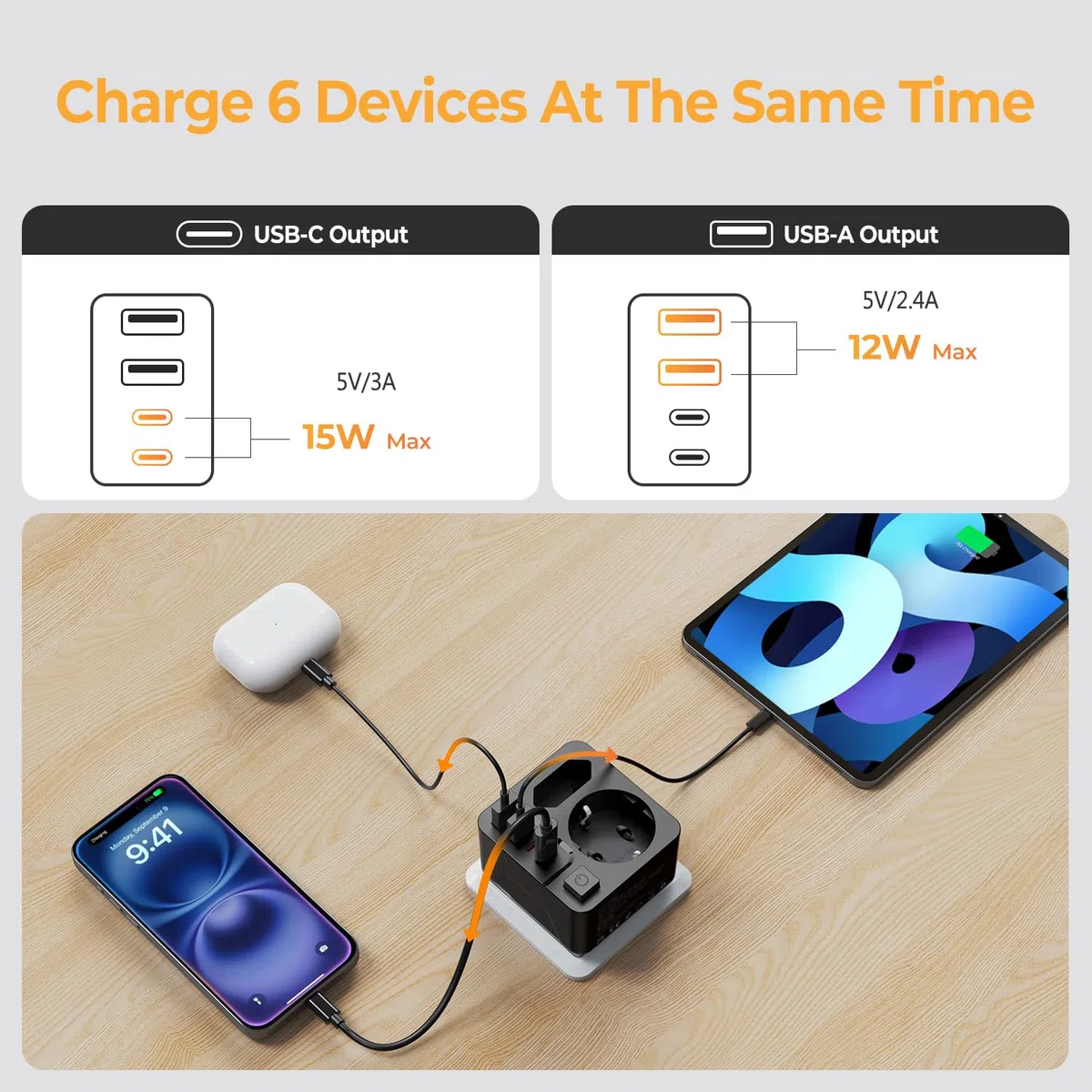 Mehrfachsteckdose USB C, THUNIX Doppelstecker für Steckdose, Steckdosenadapter 2Fach 4000W mit 4 USB Netzstecker, Mehrfachstecker mit Schalter-Schwarz