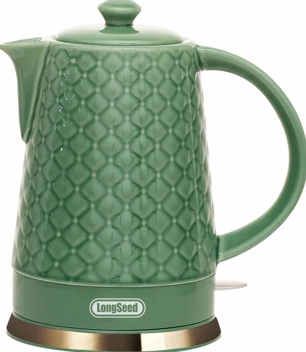 Ceramic Electric Kettle, 1.5L/1200W Boil Water Quickly and Easily with Boil-Dry Protection Auto Shut Off, Detachable Swivel Base, Green Relief Carving