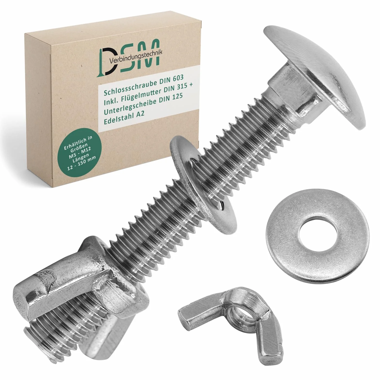 DSM – Schlossschrauben M6 x 80 mm nach DIN 603 – M6 Flügelmutter DIN 315 & Unterlegscheibe DIN 125 – Edelstahl A2/V2A – Flachrundkopfschrauben mit Vierkantansatz – Schmetterlingsmutter – 10 Stück