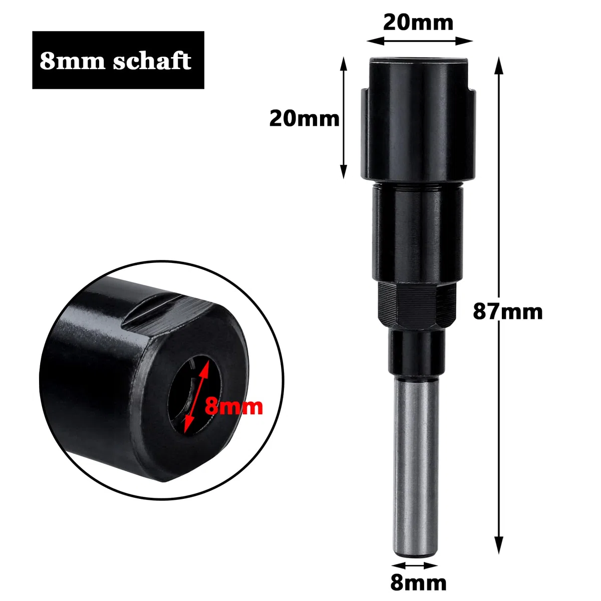 Verlängerung Spannzange für Fräser 8mm - Spannfutter für Holzbearbeitung Rundschaft Trimmen Gravurmaschine - Schwarz