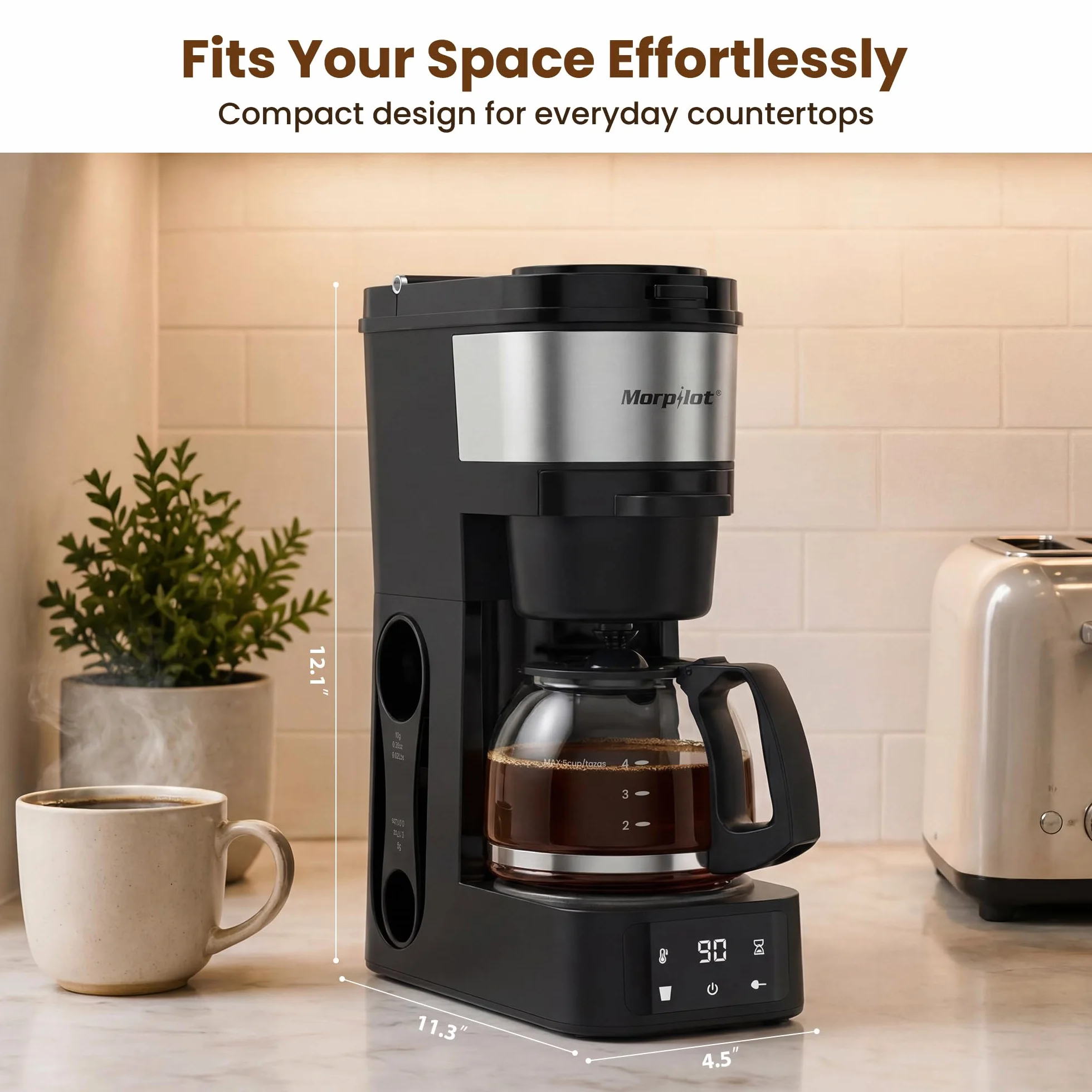 Morpilot 2-Way Coffee Maker, Compatible with K-Cup Pods or Grounds, Compact Drip Coffee Machine with 20oz/600ml Carafe Sizes, 4 Temperature Settings, 60 Min Keep Warm