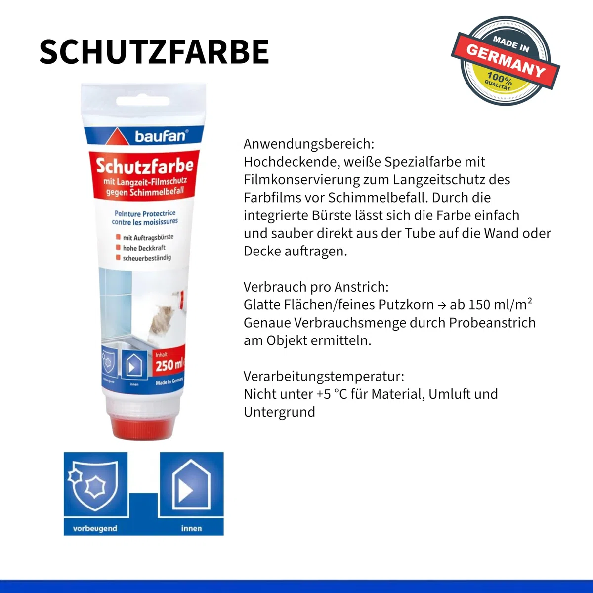 Baufan Schutz-Farbe Tube 250ml | Renovierfarbe für Innenräume | Hohe Deckkraft | Einfache Anwendung