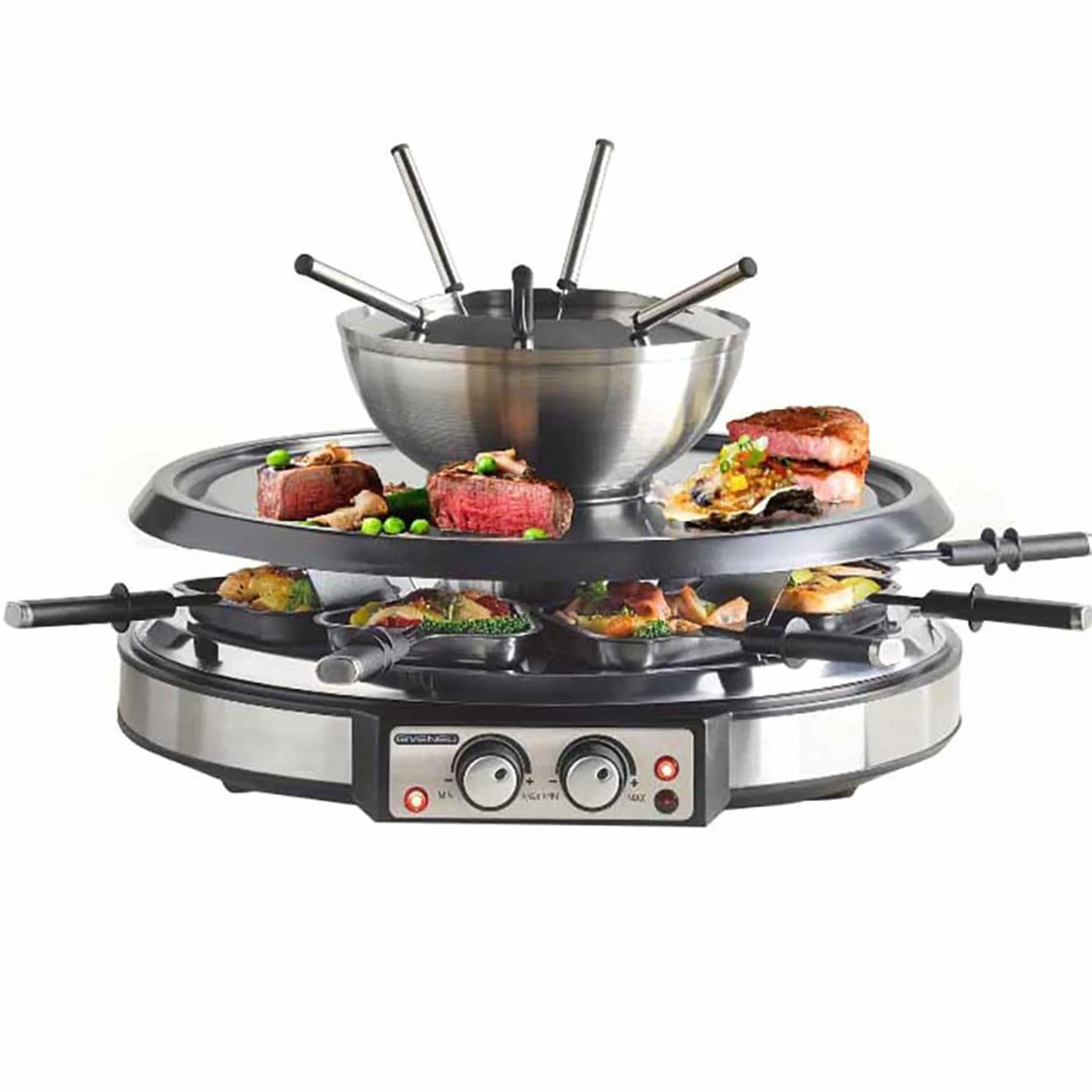 GIVENEU 2-in-1 Fondue Pot & Raclette Grill Set, 8 Person, 1500W, 600ml | Dual Thermostats, Dishwasher Safe, Non-Stick Grill Plate; Cheese & Chocolate Fondue; Christmas, Thanksgiving, Kitchen Gift