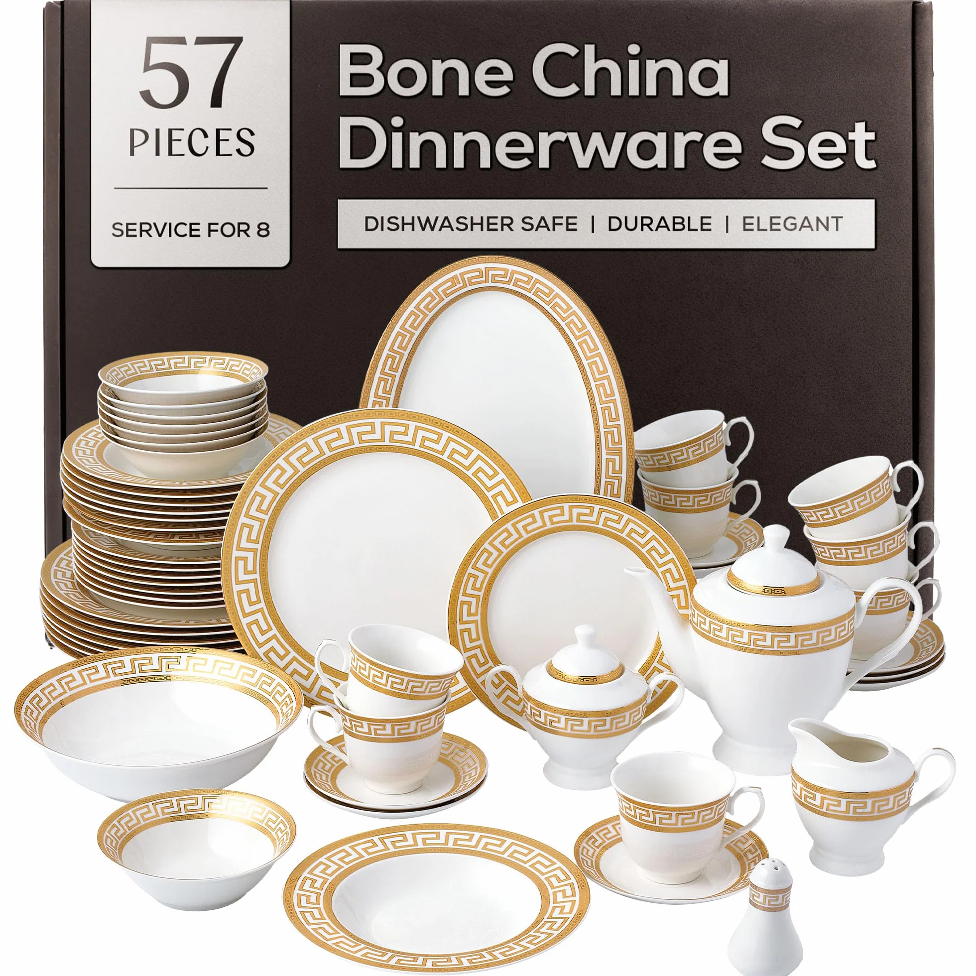 Joseph Sedgh Collection Golden Greek Key Bone China Dinnerware Set, 57-Piece