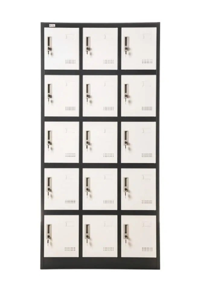 Jet-Line | Metall Schrank | Spind | Schließfachschrank | 15 Fächer | Budapest | Spind | dunkelgrau-weiß | Lagerschrank | Schließfach | Metall | Büroschrank