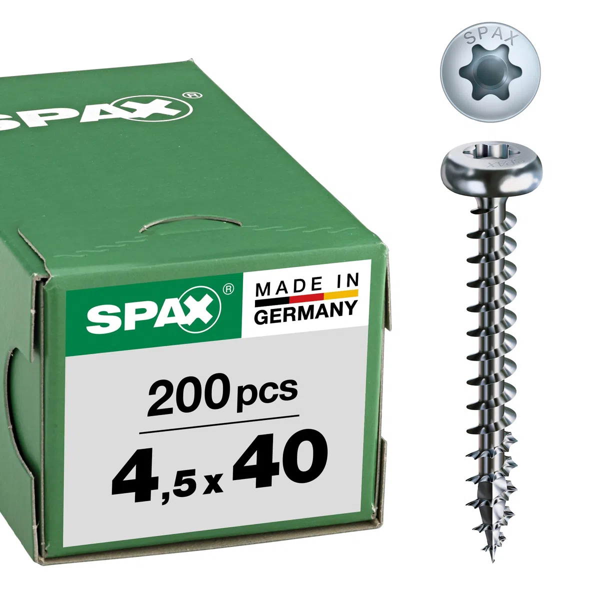 SPAX Universalschraube, 4,5 x 40 mm, 200 Stück, T-STAR plus, Halbrundkopf, Vollgewinde, 4CUT, WIROX A9J, 0201010450403