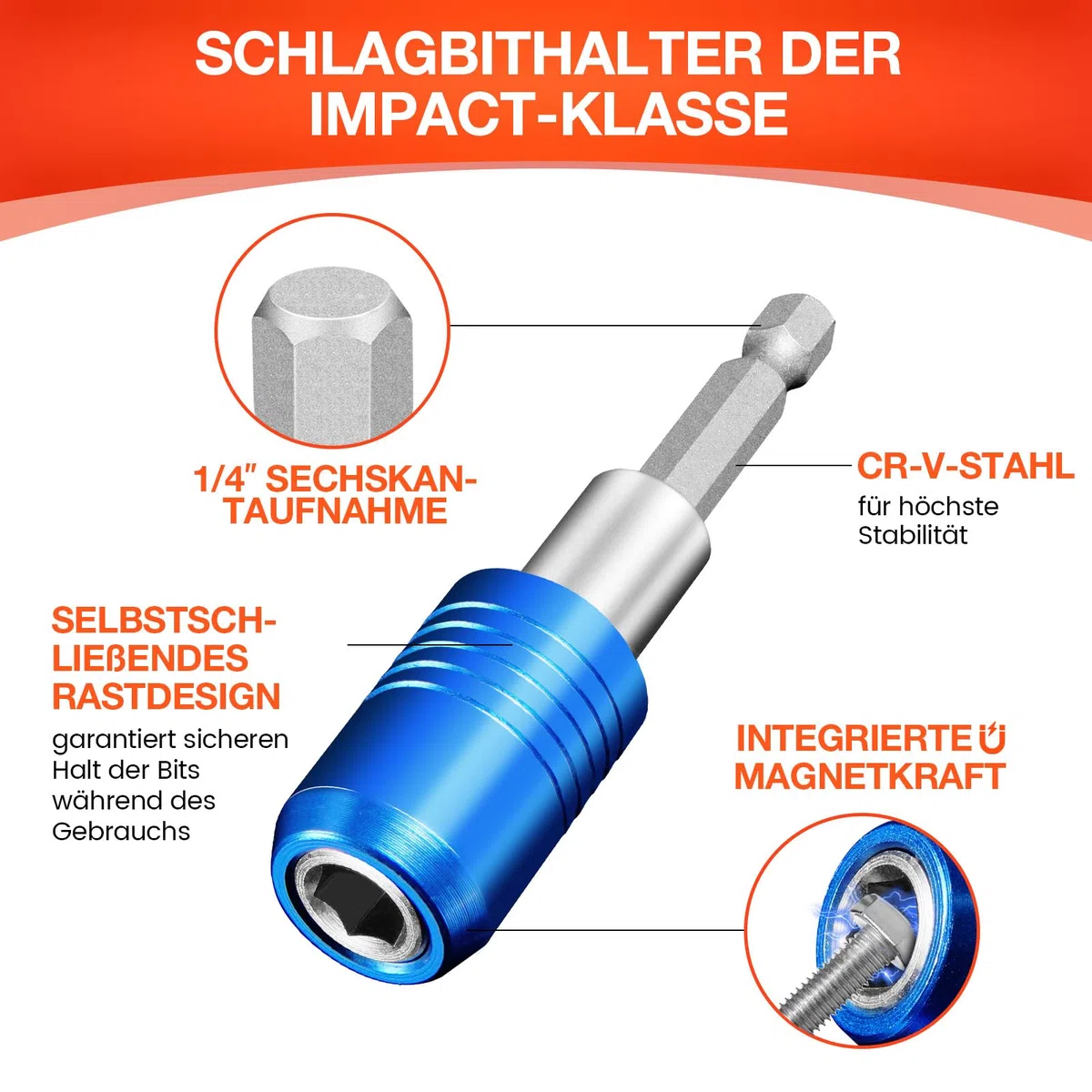 2 Stücke Magnetischer Schnellwechsel-Impact-Bithalter, 2,5-Zoll bit halter für 1/4-Zoll-Sechskantschaft, Ideal für Schraubendreherbits, Muttern, Bohrer und Steckschlüsseladapter
