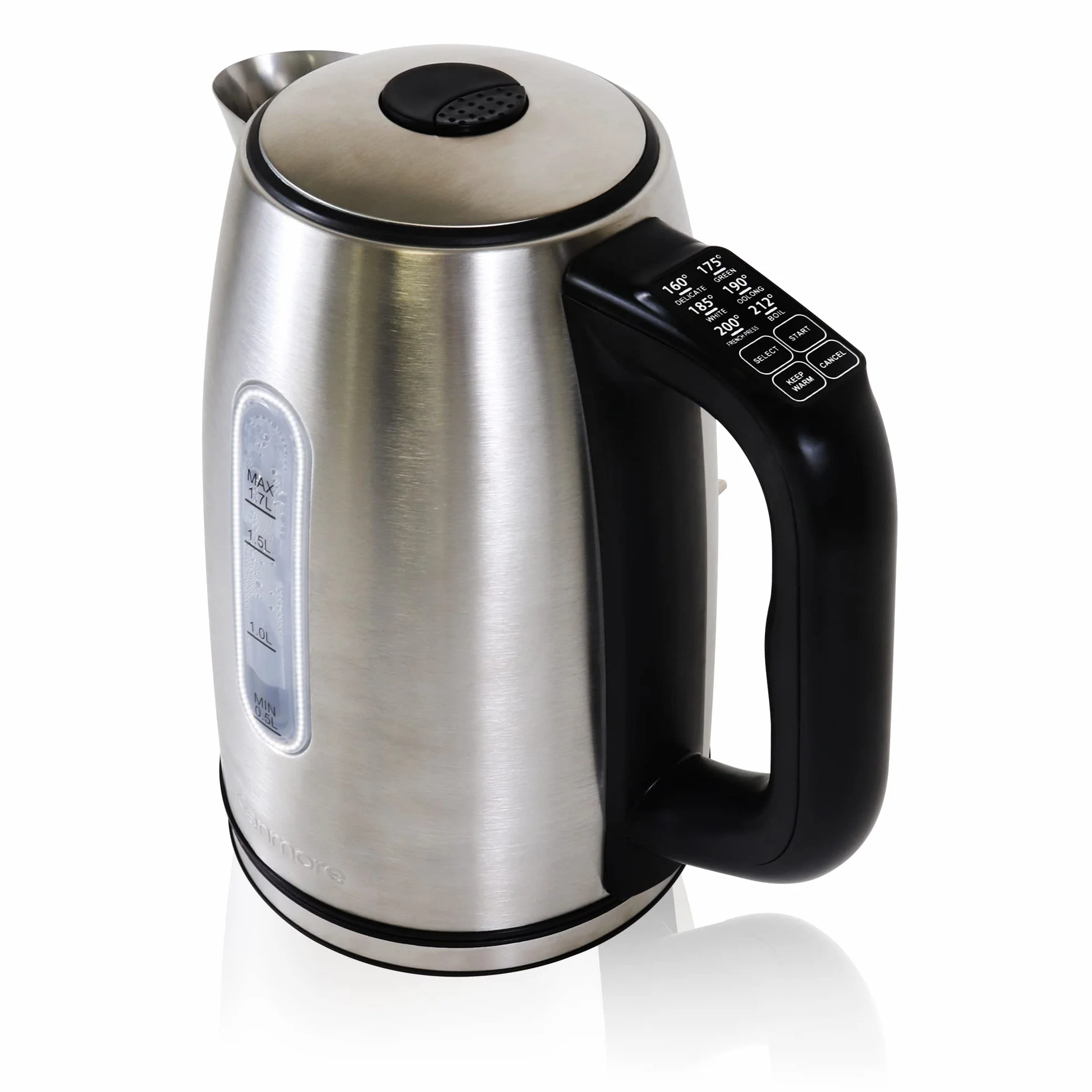 Kenmore 1.7L Cordless Electric Kettle w/ 6 Temperature Pre-Sets, Stainless Steel Teakettle w/LED light, Auto Shut-Off, Keep Warm, Boil-Dry Protection, Silver