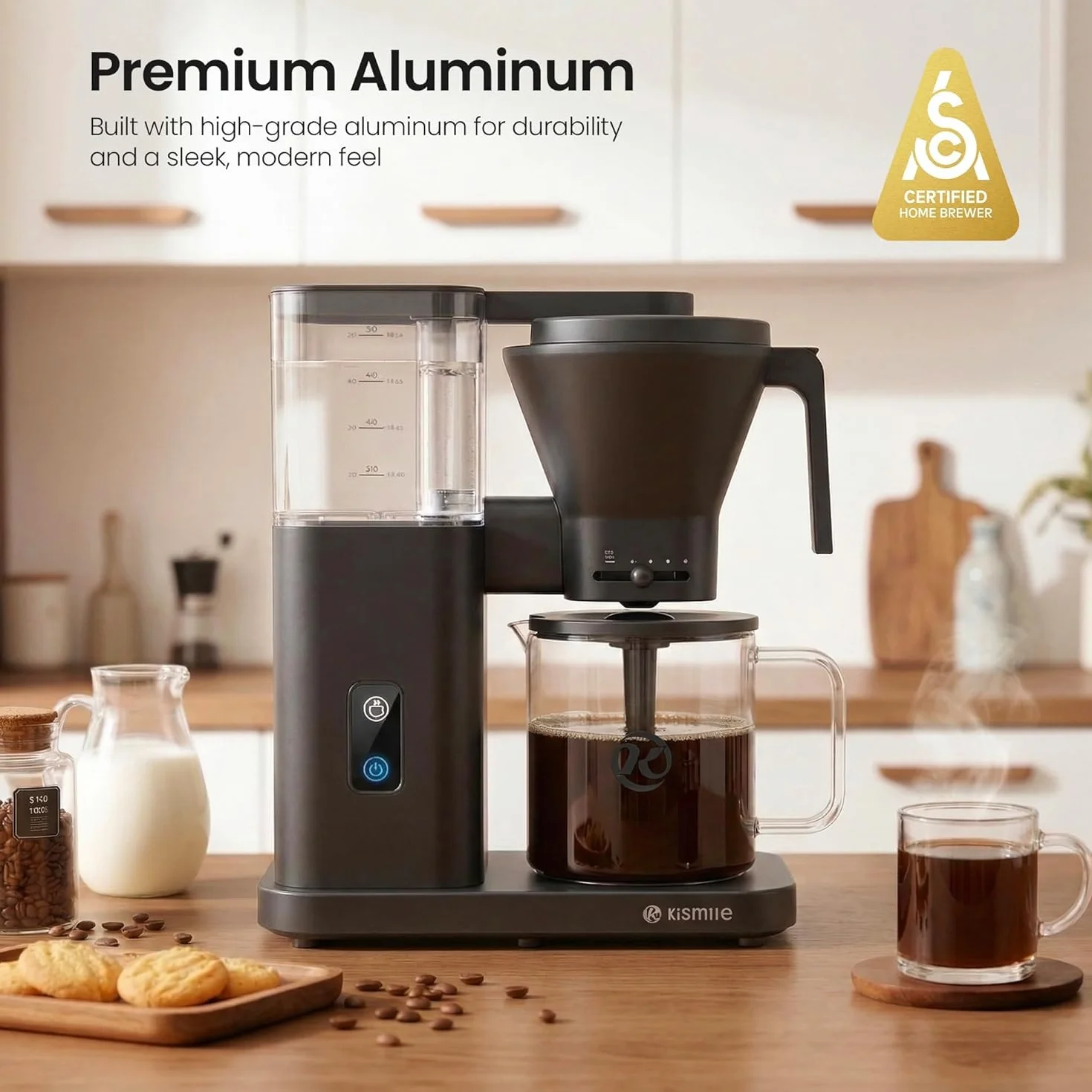 SCA-Certified 8-Cup Drip Coffee Maker with Pour-Over Control | 3-Second Heating at 197–205°F, Adjustable Flow, Removable 1.25L Water Tank, 20-Min Cold Brew and 40-Min Keep Warm