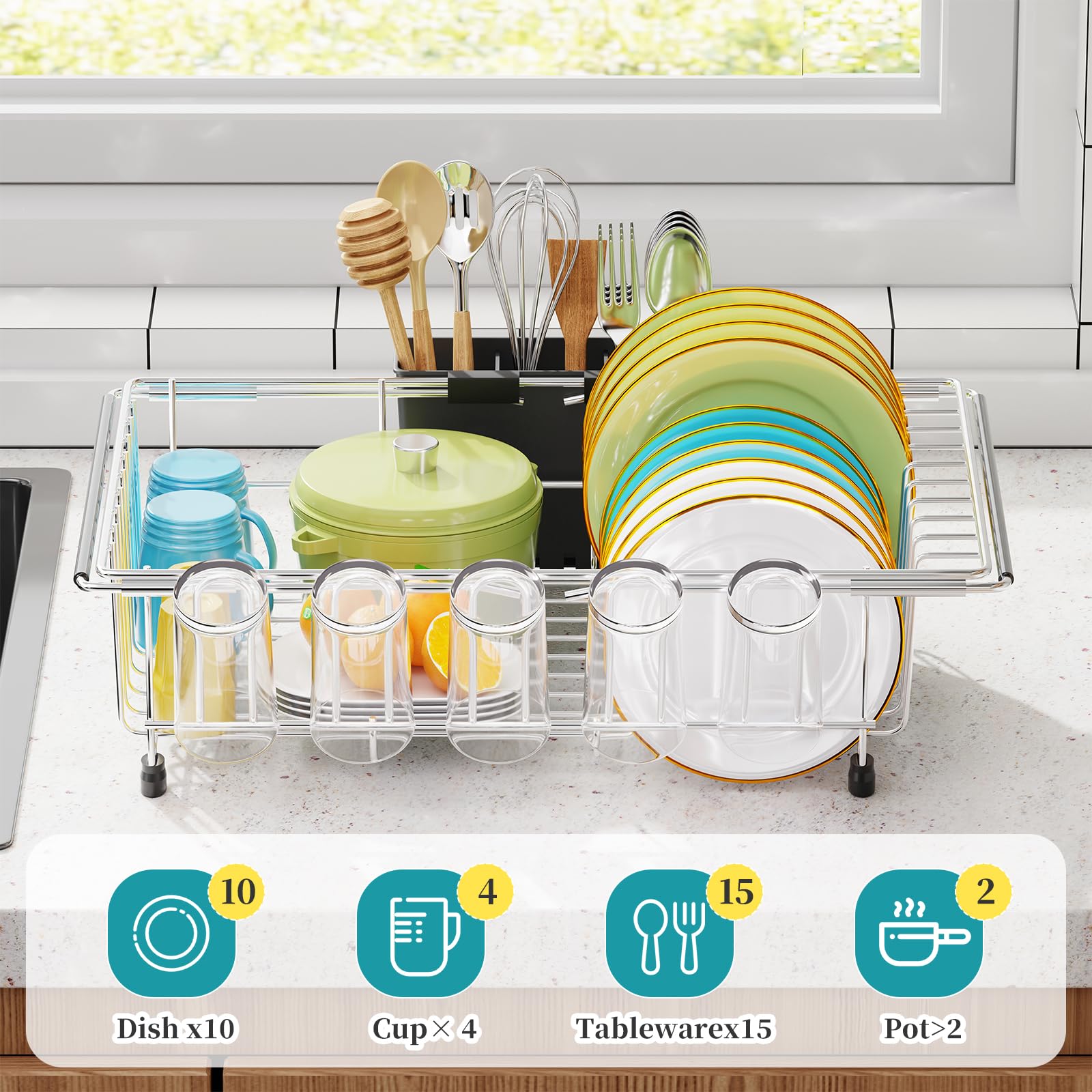 Expandable In-Sink Drying Rack with Utensil Caddy