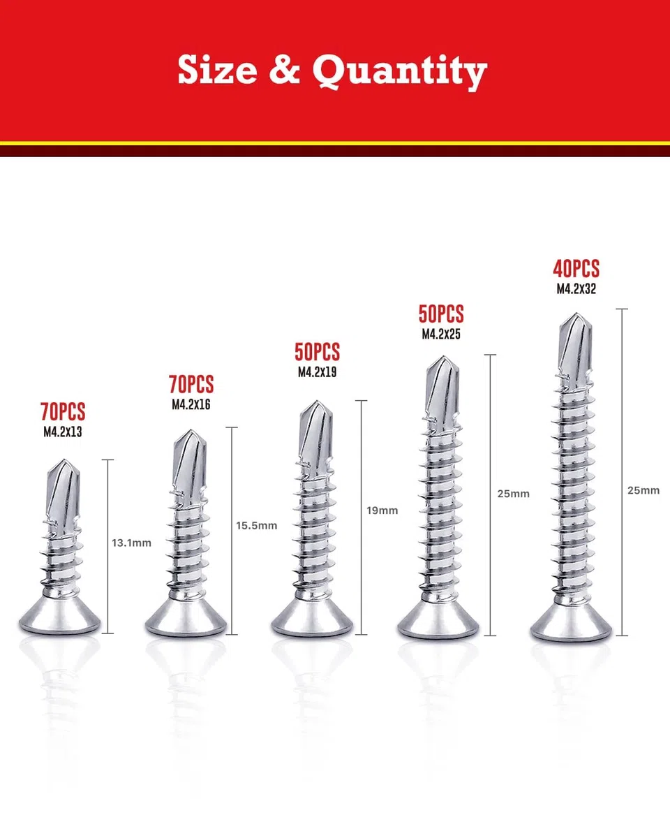 280 Stück Selbstschneidende Schrauben Kit, Edelstahl Blechschrauben Selbstschneidend, M4.2 Selbstbohrende Bohrschrauben (32mm/25mm/19mm/16mm/13mm) für Holz, Metallplatten, Dachfenster
