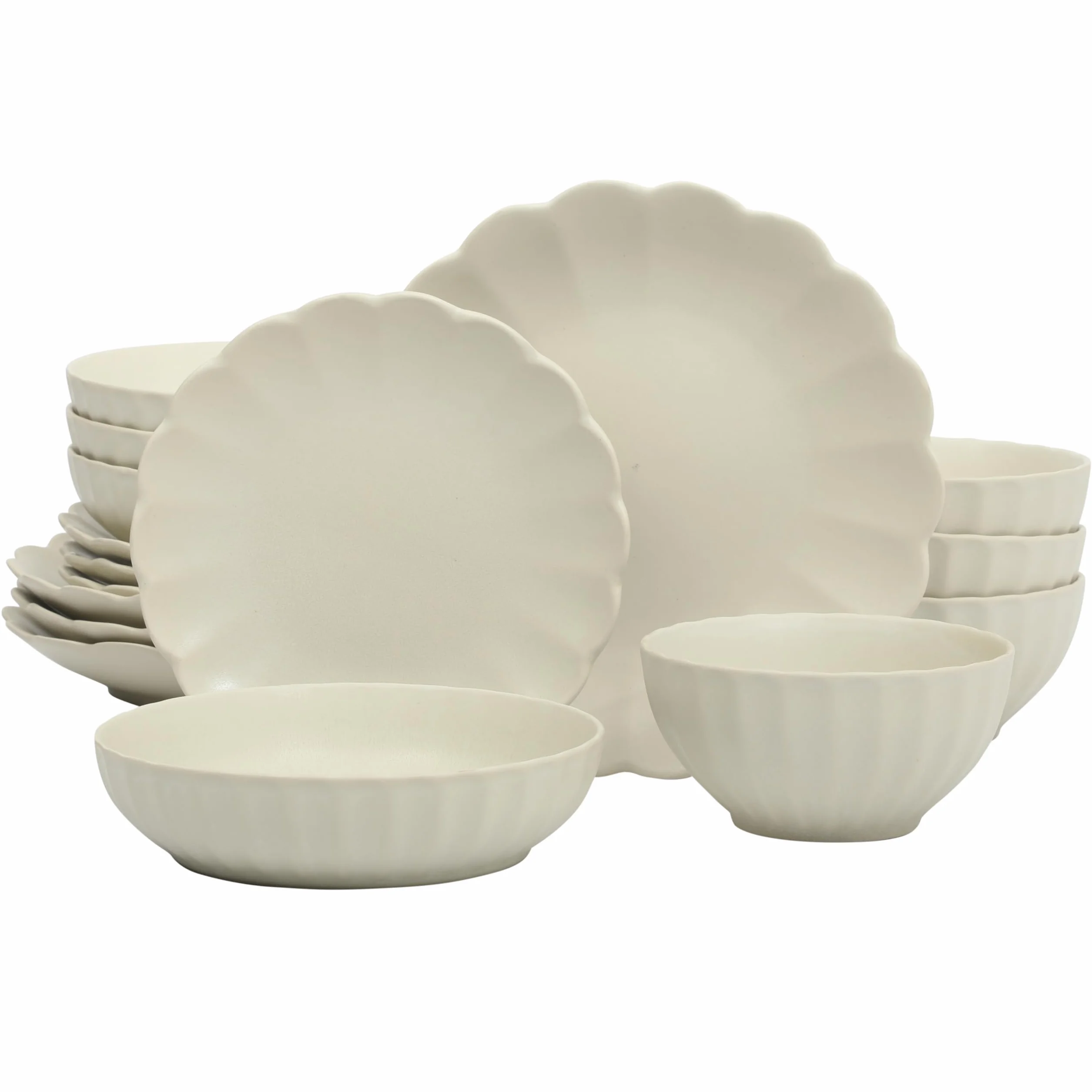 Gibson Elite Malibu Shore 16 Piece Scalloped Edge Stoneware Matte Reactive Glaze (Service for 4) Ceramic Plates and Bowls Dinnerware Set - Cream White