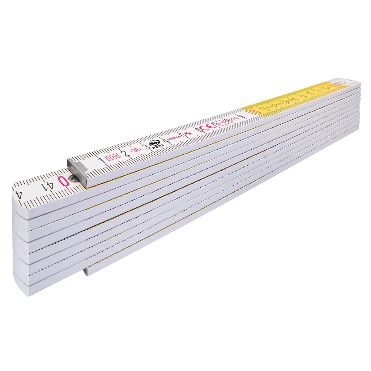 Stabila Zollstock Type 417, 2 m, weiß, weiß/gelbe metrische Schnellablese-Skala, Winkelfunktion, Meterstab aus PEFC-zertifiziertem Holz, Stahlblechgelenke mit integrieter Stahlfeder