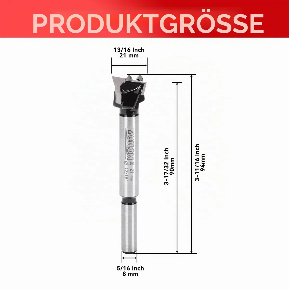 Mollom 21mm (13/16") Forstnerbohrer mit langlebiger YG8 Hartmetall-Dicke von 2,0mm für präzise Holzbearbeitung. Ideal für Hartholz, Kunststoff und Sperrholz