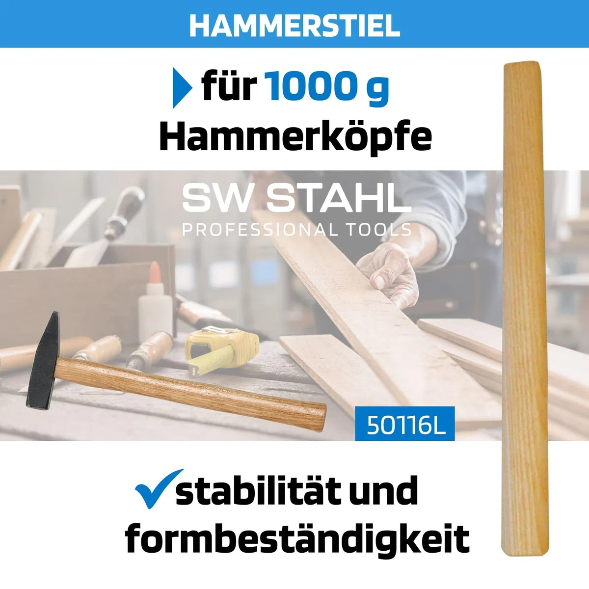 SW-Stahl 50116L Hammerstiel aus Eschenholz für 1000 g Hammerkopf I 360 mm Hammergriff Holz I Ersatzstiel für Hammer Made in Germany