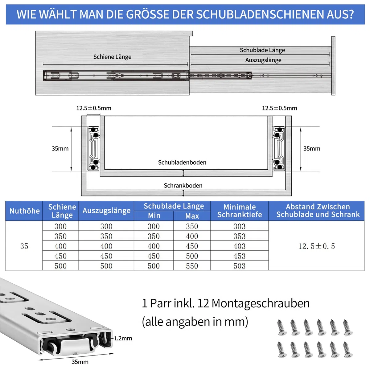 Schubladenschienen 350mm, 1 Paar (2 Stk.) Kugelauszug, 35mm Nut Schubladenauszug, Vollauszug Schubladenführungen mit Montageschrauben, Schubladen Schienensystem belastbar bis 35kg