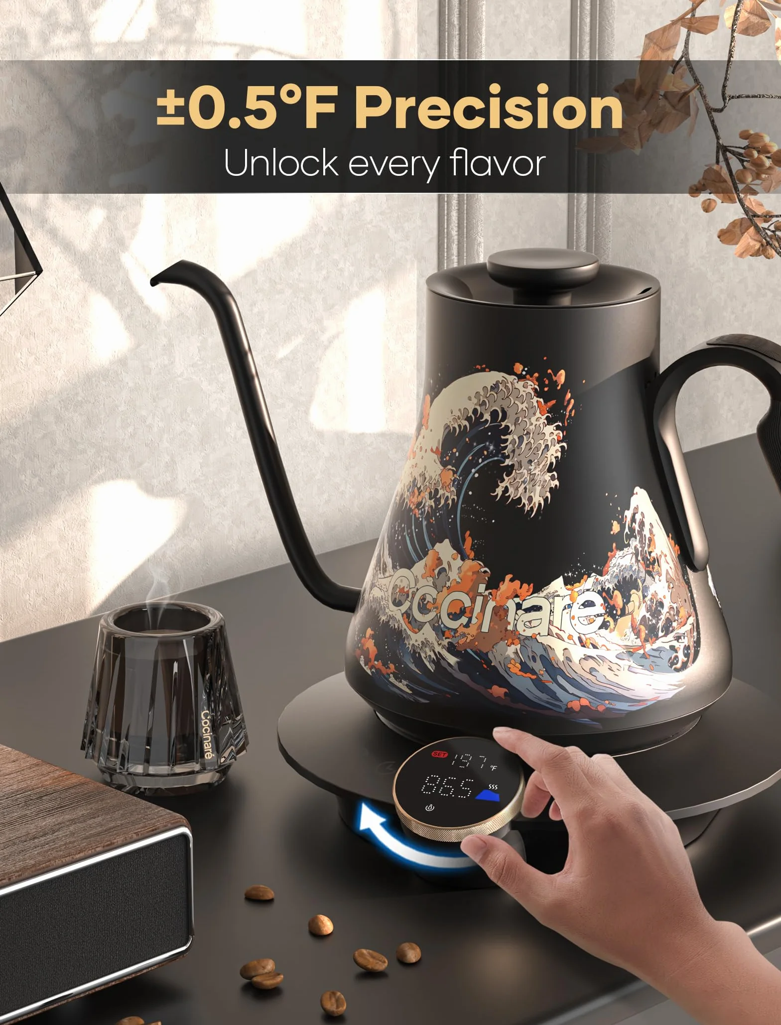 Artisan Collection Gooseneck Electric Kettle, ±0.5°F Temperature Control for Pour Over Coffee & Tea, 1500W Quick Heating, Stainless Steel Interior, 0.9L, Wave Design