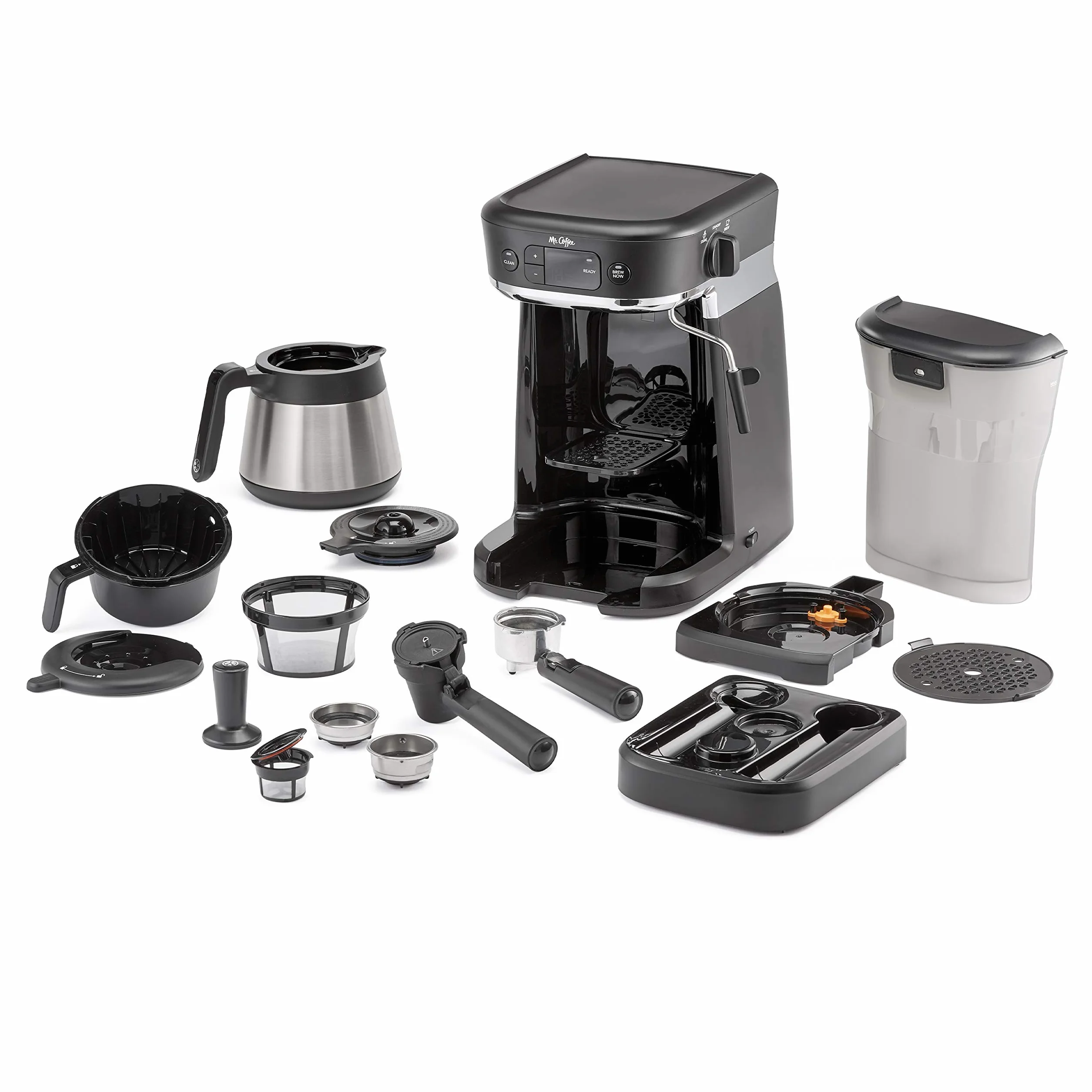Mr. Coffee All-in-One Occasions Specialty Pods Coffee Maker, 10-Cup Thermal Carafe, and Espresso with Milk Frother and Storage Tray, Black