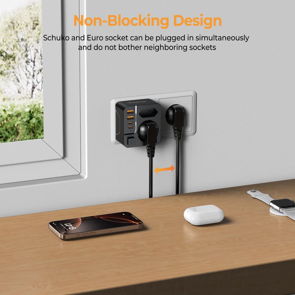 Mehrfachsteckdose USB C, THUNIX Doppelstecker für Steckdose, Steckdosenadapter 2Fach 4000W mit 4 USB Netzstecker, Mehrfachstecker mit Schalter-Schwarz