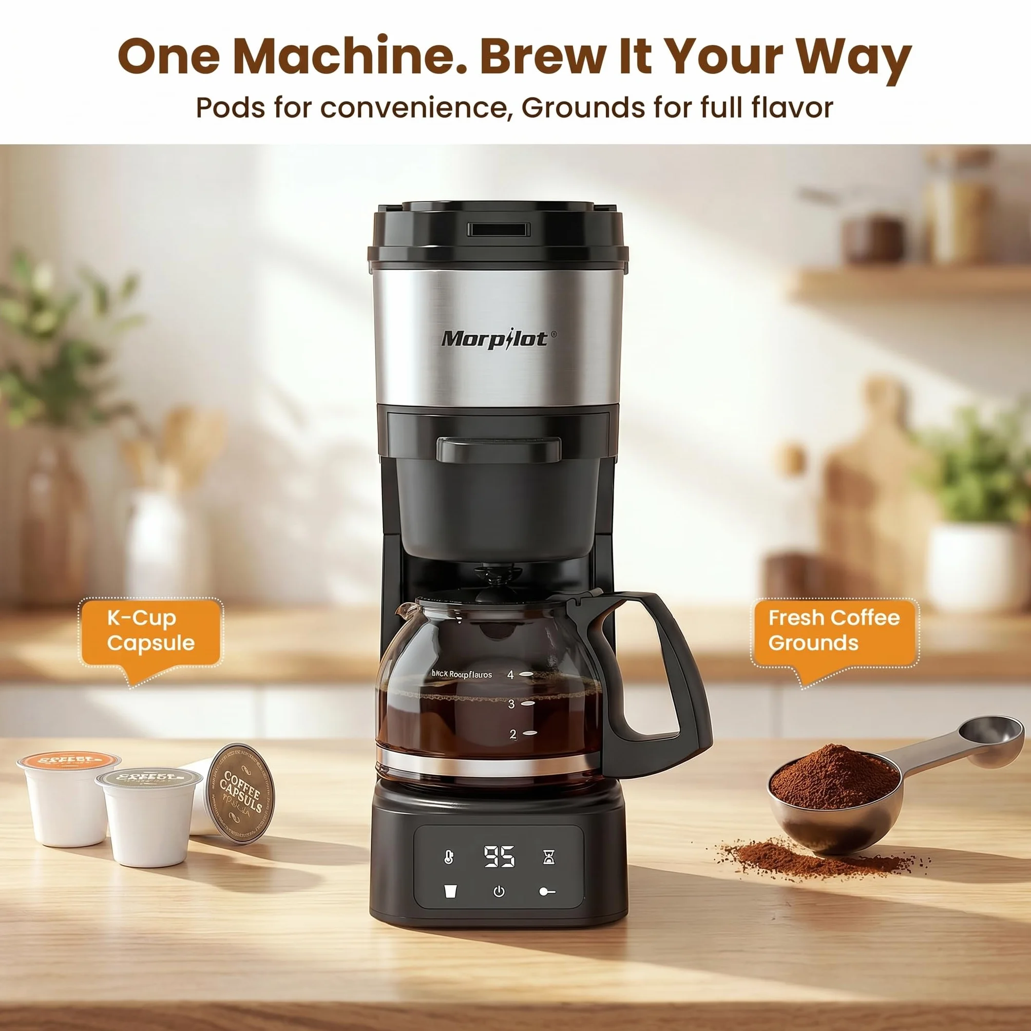 Morpilot 2-Way Coffee Maker, Compatible with K-Cup Pods or Grounds, Compact Drip Coffee Machine with 20oz/600ml Carafe Sizes, 4 Temperature Settings, 60 Min Keep Warm