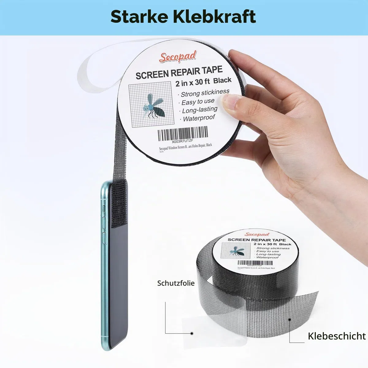 Secopad Fliegengitter Reparatur Klebeband, 5 cm x 9 m Fliegengitter Reparatur Set, Wasserdichtes Netz-Reparaturpflaster, Schwarz