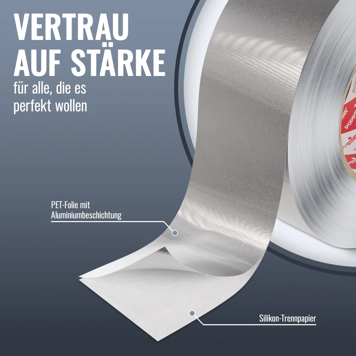 POPPSTAR Aluminium-Klebeband hitzebeständig (50m x 48mm) Aluklebeband für Dämmung & als Dampfsperre für Spülmaschine, Arbeitsplatte, Dachrinne