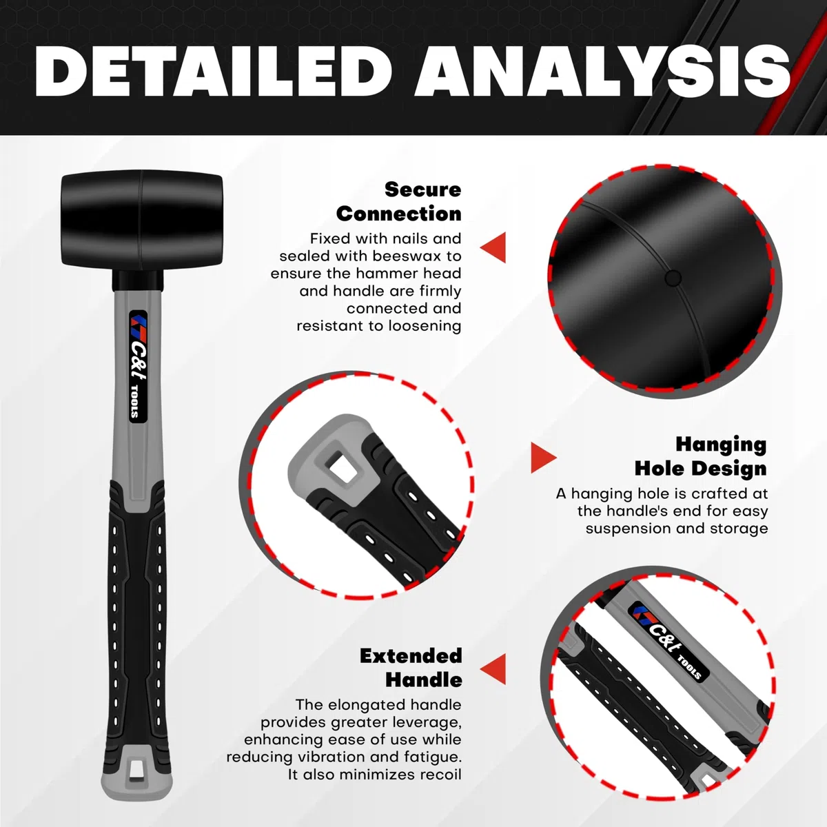 C&T Gummihammer Schwarz 450 g D=55 mm – Mit Rutschfestem Softgriff Aus Glasfaser Und Ergonomischem Design Geeignet Für Die Verwendung Auf Fliesen Und Möbeln Ohne Spuren Zu Hinterlassen.
