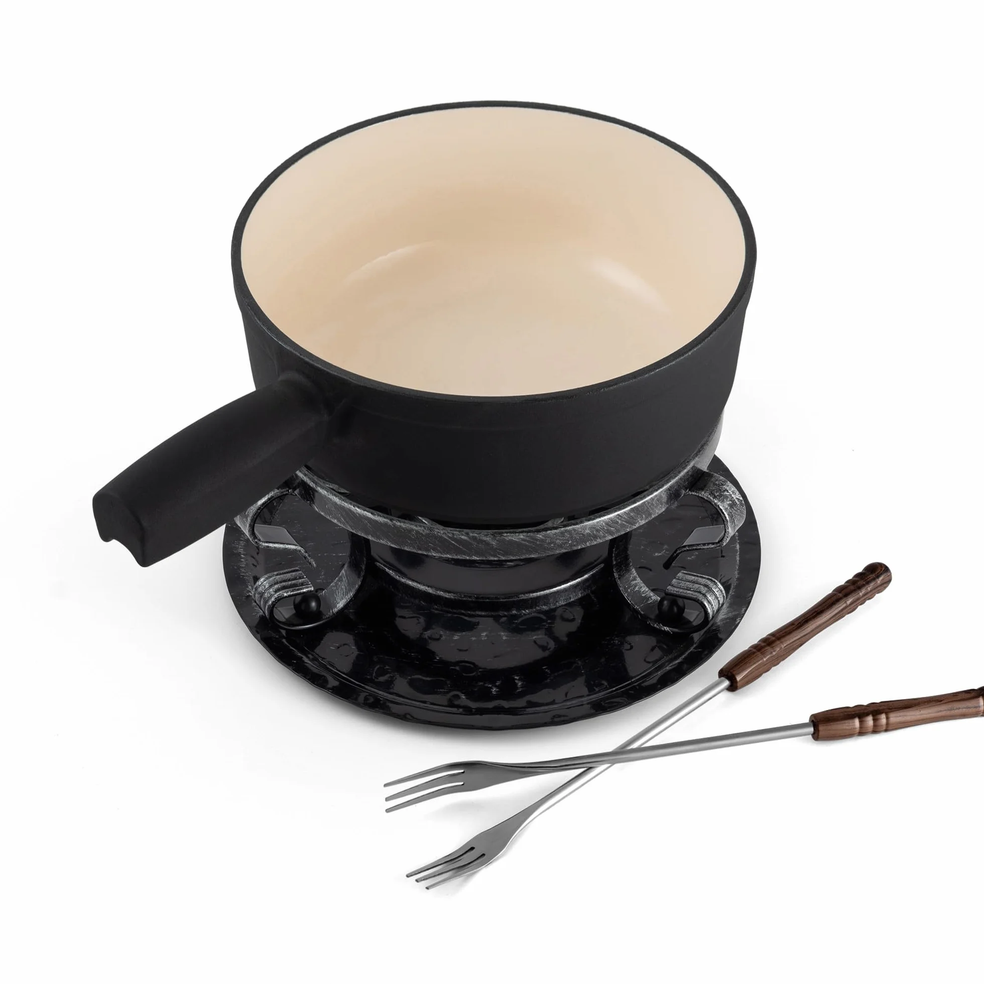 Swissmar Lugano Cast Iron Cheese Fondue Set, 9-Piece, 2 QT / 2 L - Ideal for Melting Cheese, Chocolates, Caramel, & More - Perfect for Kitchen Collection & Gift Giving - Matte Black