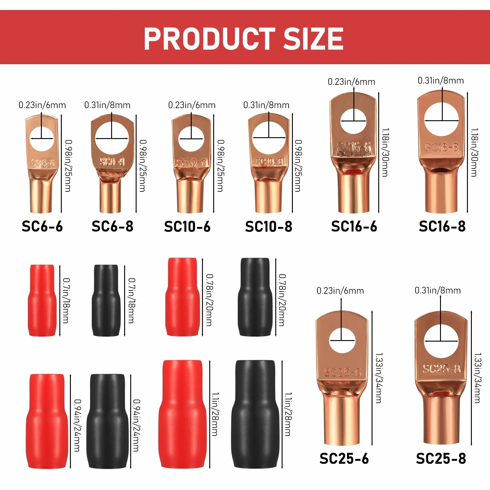 Rohrkabelschuh Set, 120 Stück Rohrkabelschuhe Kabelschuhe Set, Bolzenloch verzinnte Kupferklemmen Quetschverbinder Kabelschuh Set, 60 Stk Batterie SC Terminals + 60 Stk Isoliertüllen Sleeve