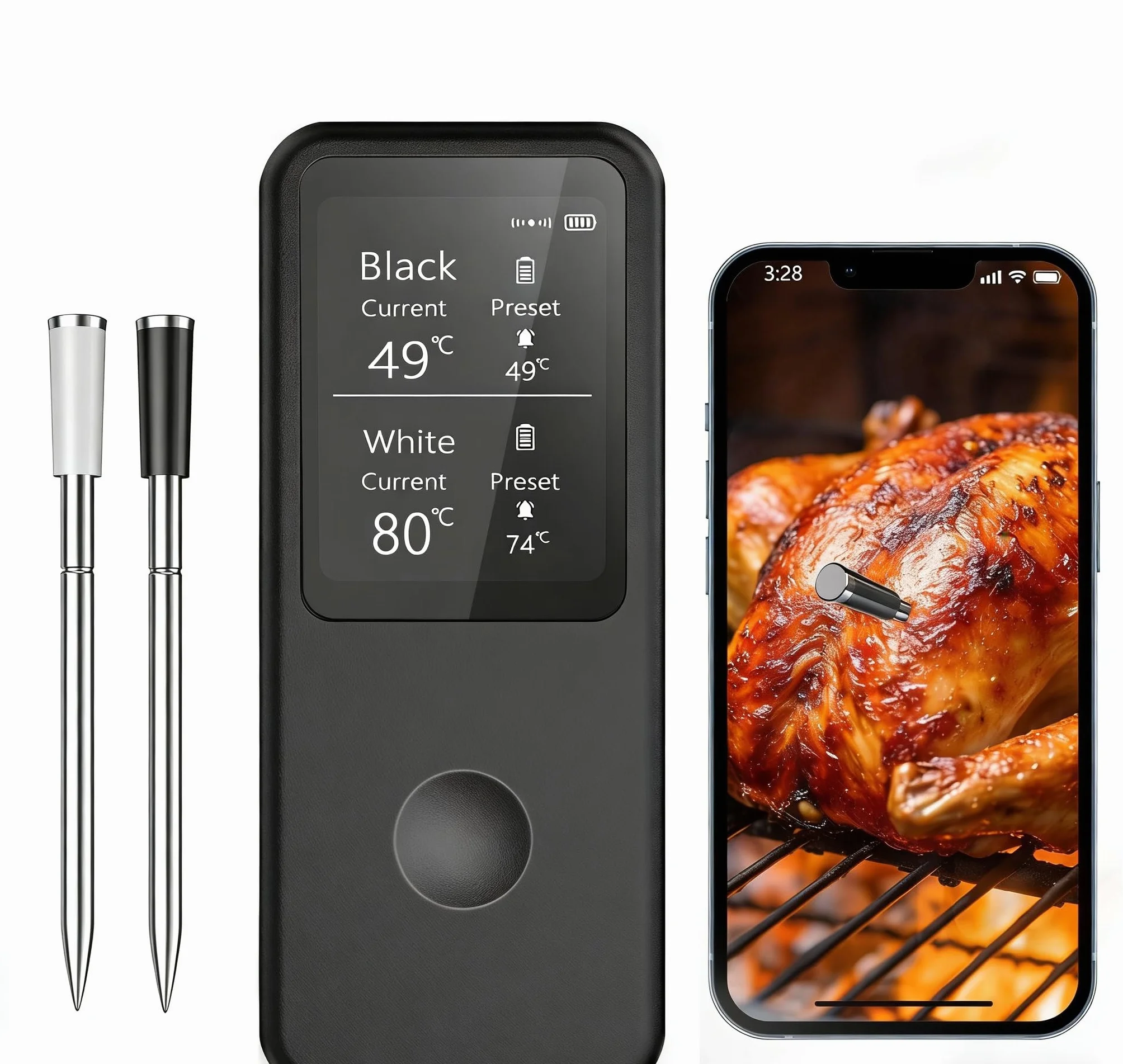 2.4 Inch Wireless Meat Therm游戏副本 with Dual Probes, Bluetooth Meat Thermometer with 500FT Range, 400°C Heat-Resistant Probe, Smart App with 12 Presets for Grilling BBQ Oven Smoker