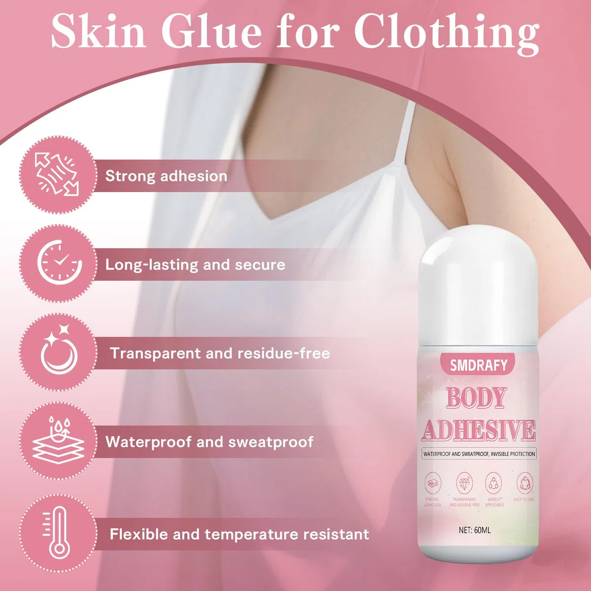Hautkleber für Kleidung, Kleber Kompressionsstrümpfe, Klamotten Kleber auf Haut, Unsichtbarer, Wasserfester, Entfernbarer Hautkleber,Kontaktklebstoffe, 60ml