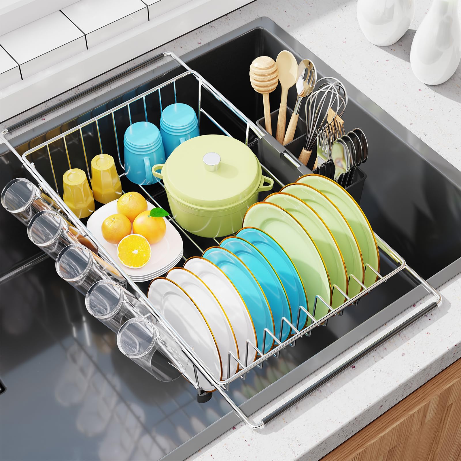 Expandable In-Sink Drying Rack with Utensil Caddy