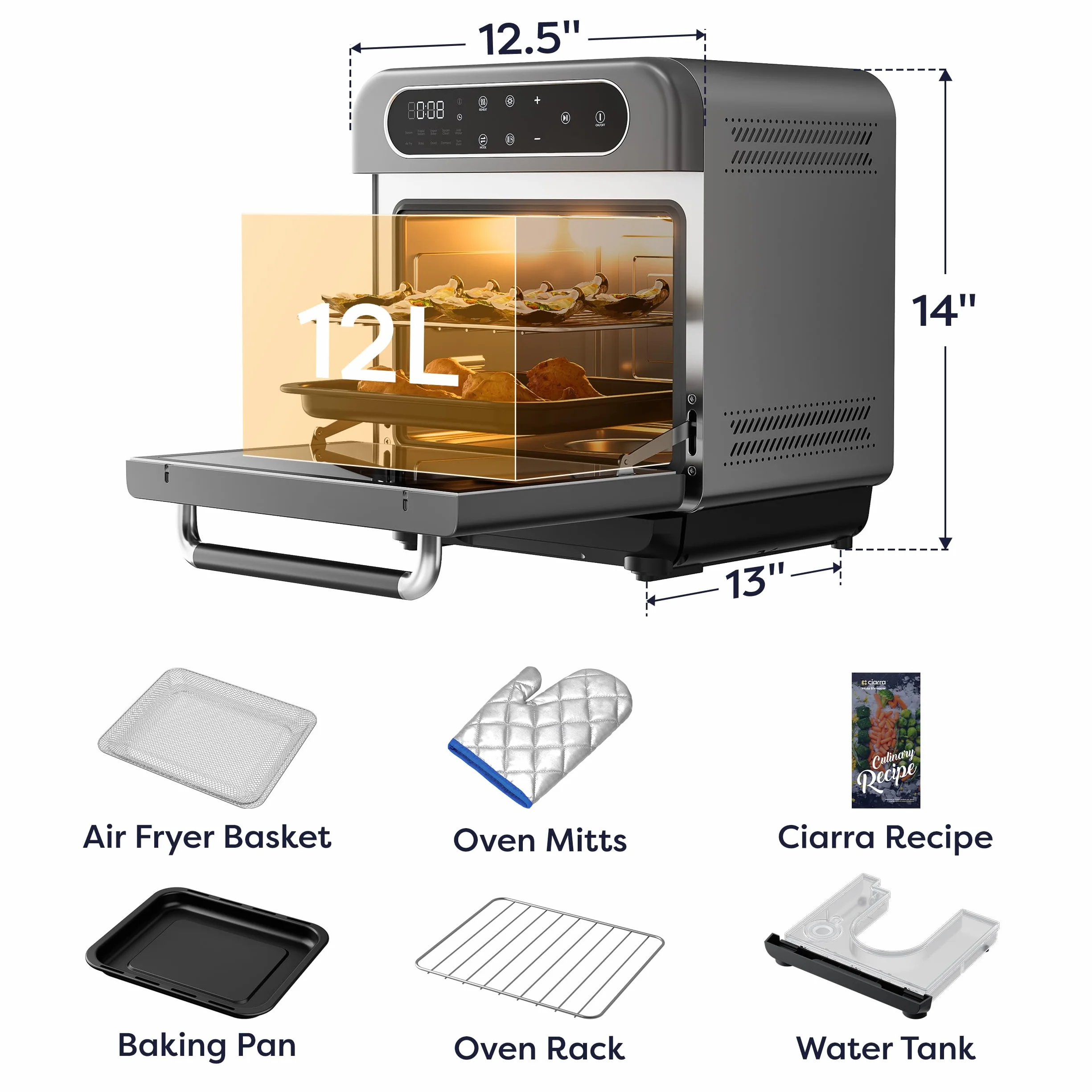 8-in-1 Countertop Steam Oven with Air Fryer, 13QT Mini Toaster Oven | Convection Toaster Oven | Rapid Steam, Steam Bake, Air Fry, Dehydrate & Ferment, 85–430°F, 12-Hour Timer, Steam Clean