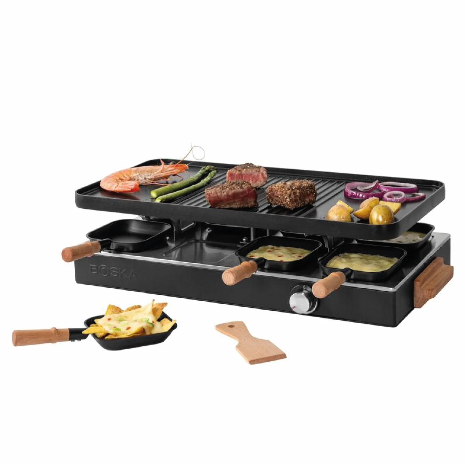 BOSKA Raclette Party - Raclette Grill for 8, Electric Raclette Table Grill | Cheese melter, Table grill, Raclette cheese, 8 persons, Electric, 8 pans included, Raclette machine, Social dining
