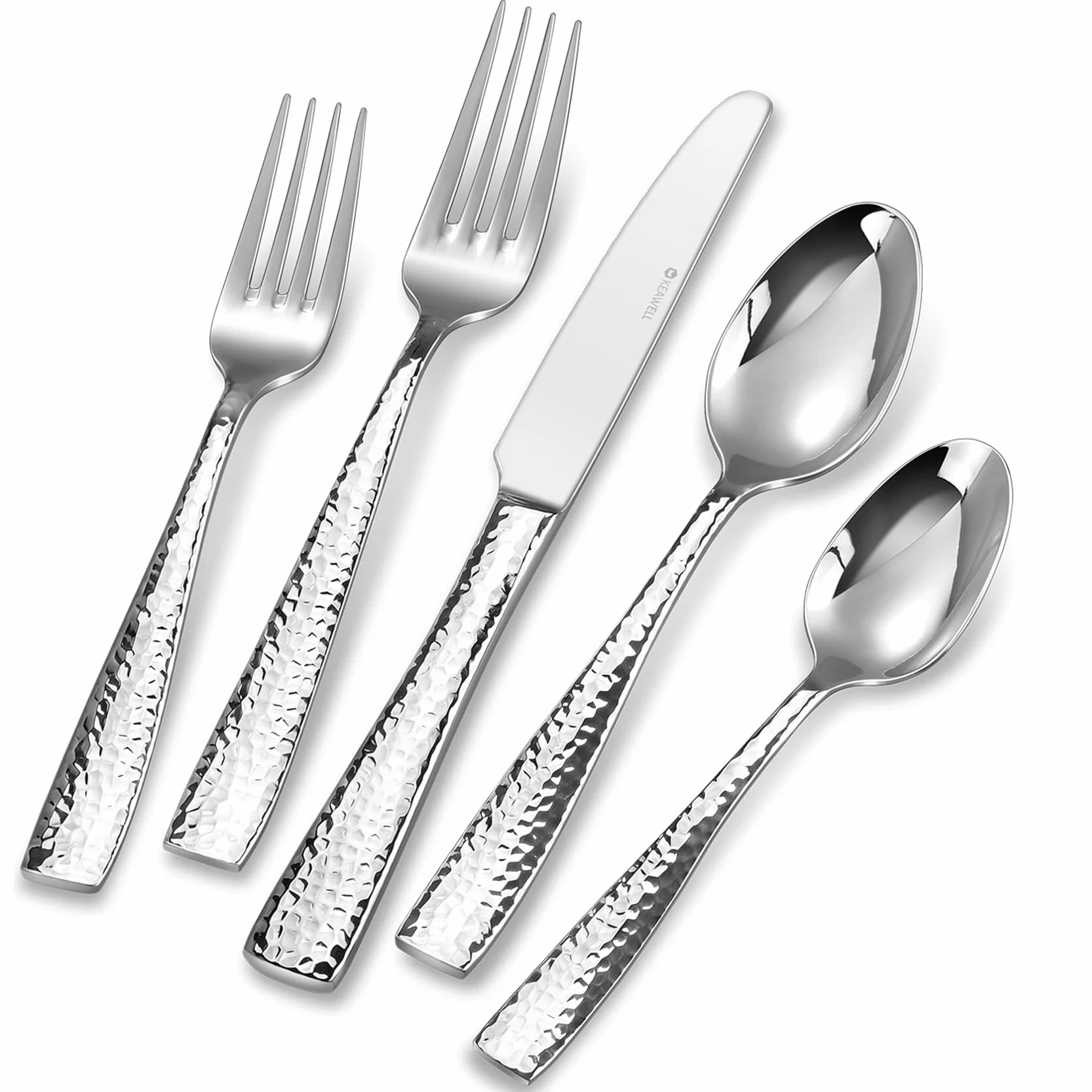 Premium Louis Hammered 20/45/65-Piece Silverware Set (65) | 18/10 Stainless Steel Fine Flatware Set; Squared-Edge Design; Service for 4/8/12; Brilliant Mirror Finish; Dishwasher Safe