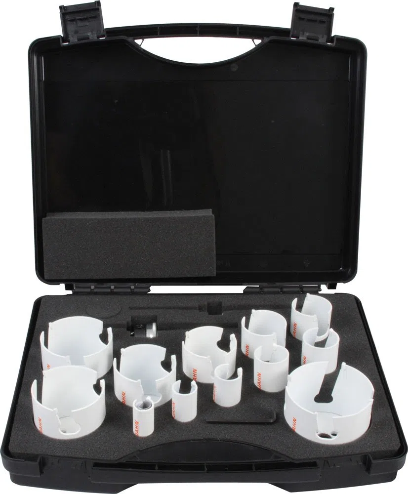 Projahn Koffer mit HM TCT Multilochsägen jede 1 Stück 19/22/25/32/35/40/44/51/57/64/68/76 mm, inklusive 2 Adaptern, jede 1x HSS und TCT Zentrierbohrer sowie 1x Winkelstiftschlüssel 60591