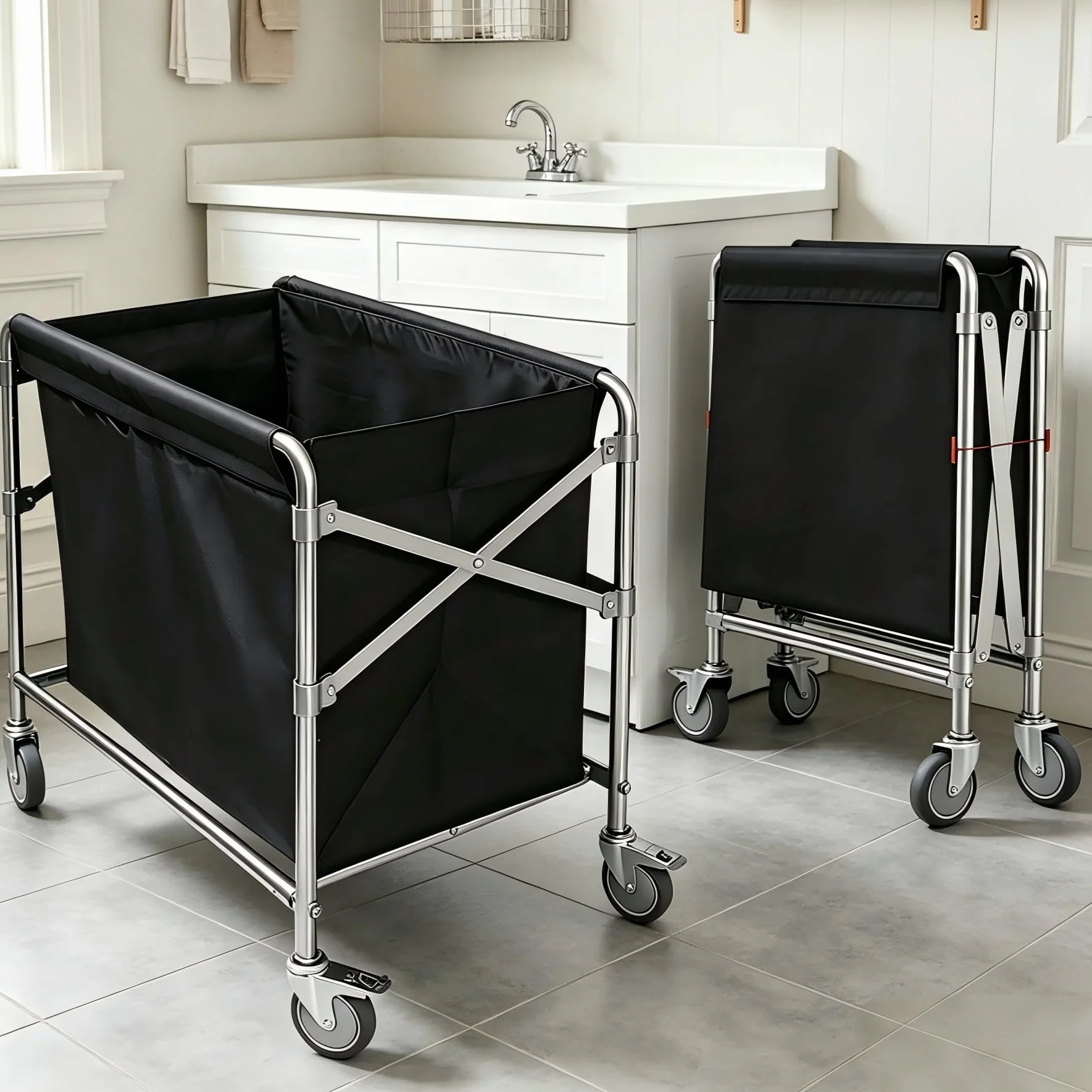Commercial Laundry Cart with Wheels Industrial Collapsible Laundry Cart (400L), 12 Bushel Heavy Duty Foldable Baskets Trucks with Steel Frame and Waterproof Oxford Cloth, for Home Organizer Storage