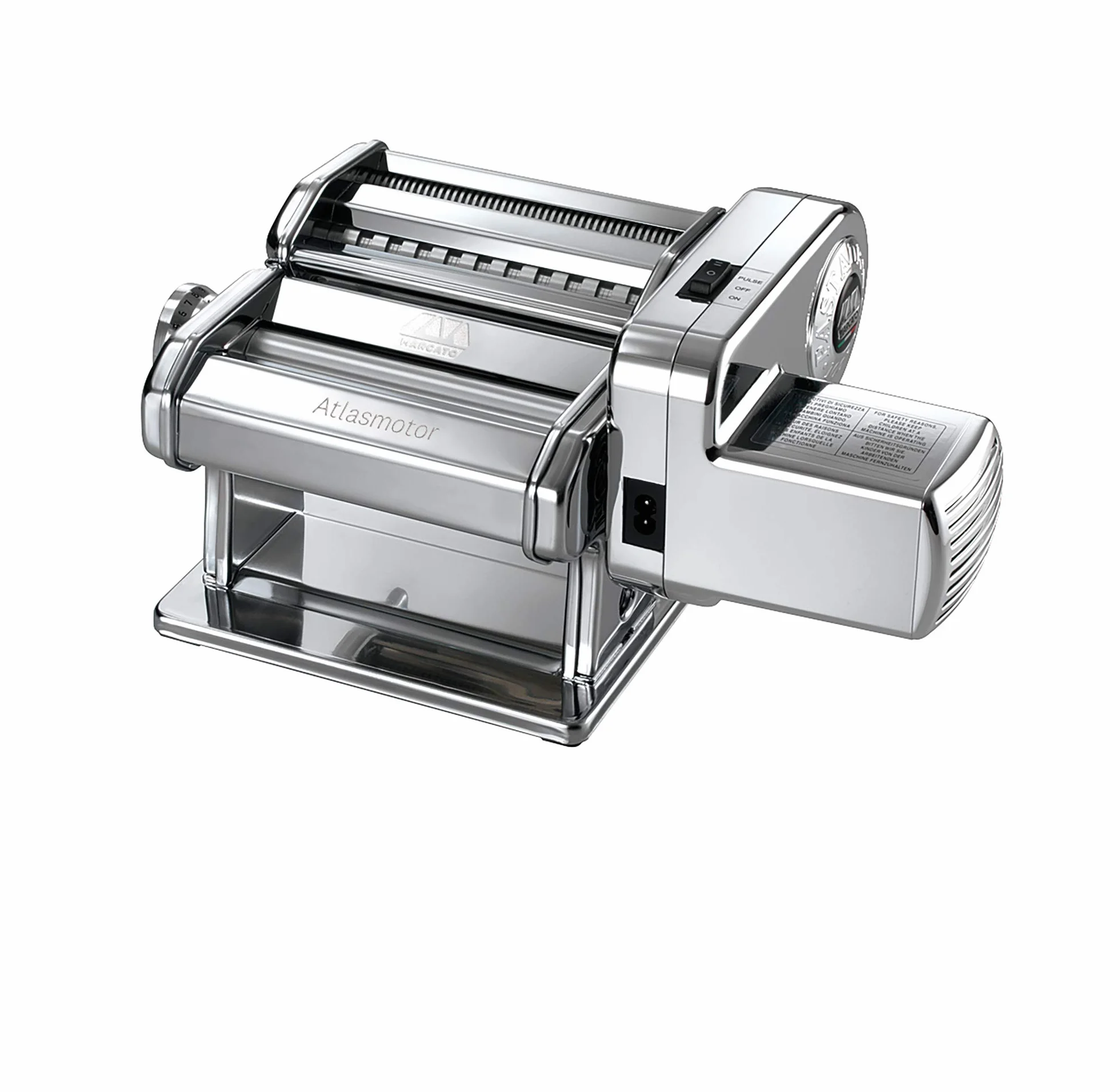 MARCATO Made in Italy Atlasmotor 110V Electric Pasta Machine, Chrome Steel. Set includes Atlas 150, handcrank, clamp, Pastadrive motor, and instruction manual