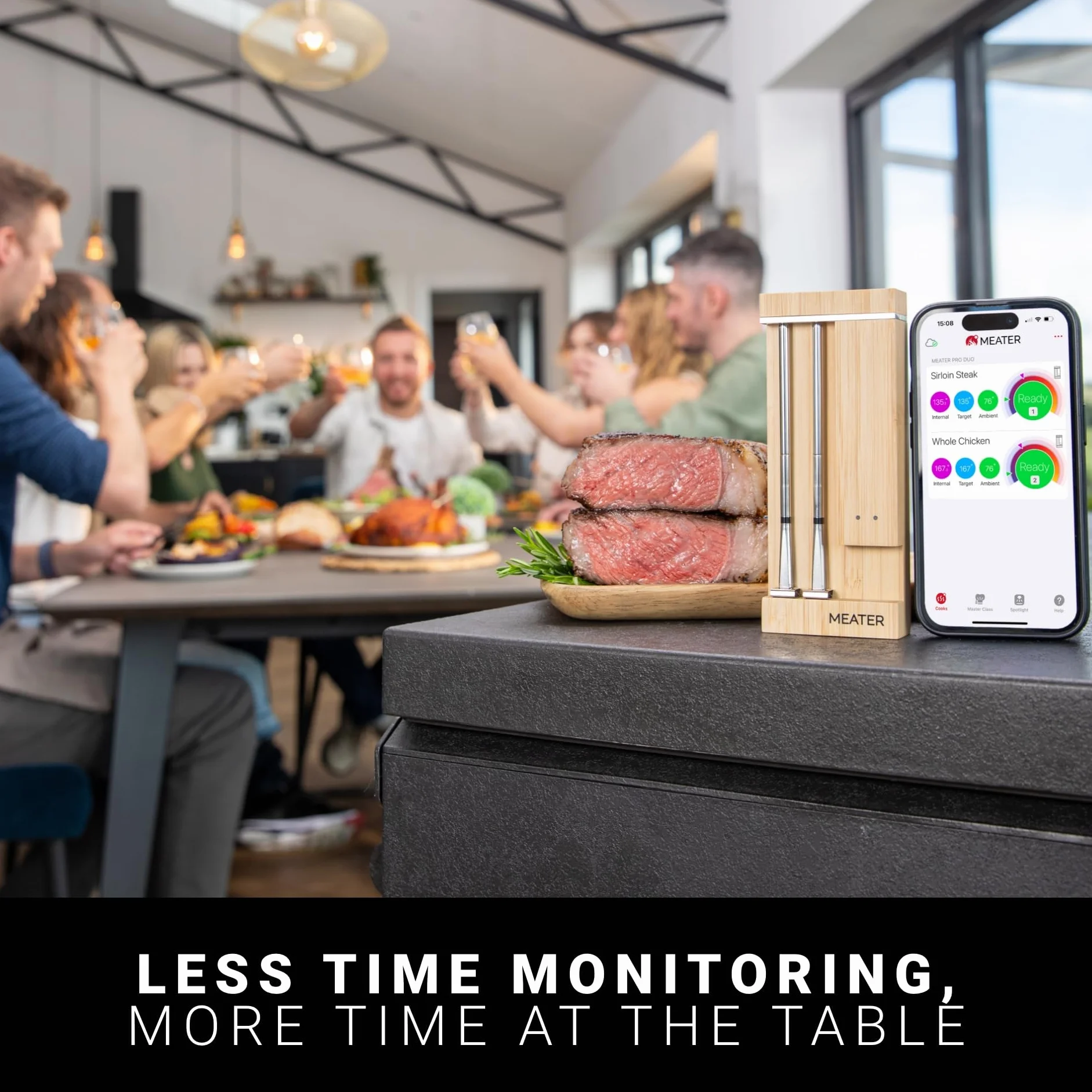 Pro Duo WiFi & Bluetooth Thermometer, 2-Probe, 1000°F, 6 Sensors | 1000°F heat resistance, long range, six sensors. Bamboo charger. For BBQ, oven, grill, smoker, air fryer, deep fryer.