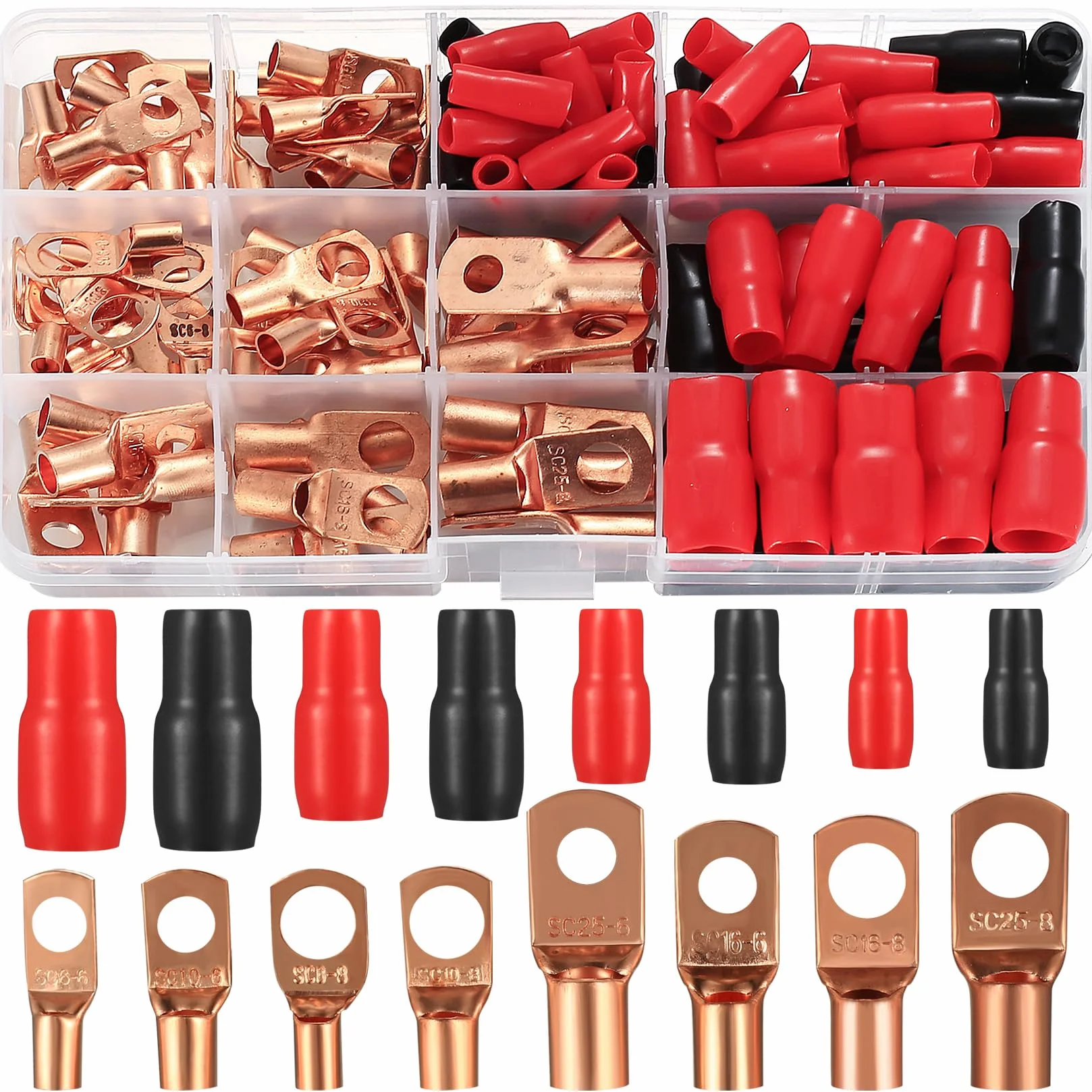 Rohrkabelschuh Set, 120 Stück Rohrkabelschuhe Kabelschuhe Set, Bolzenloch verzinnte Kupferklemmen Quetschverbinder Kabelschuh Set, 60 Stk Batterie SC Terminals + 60 Stk Isoliertüllen Sleeve