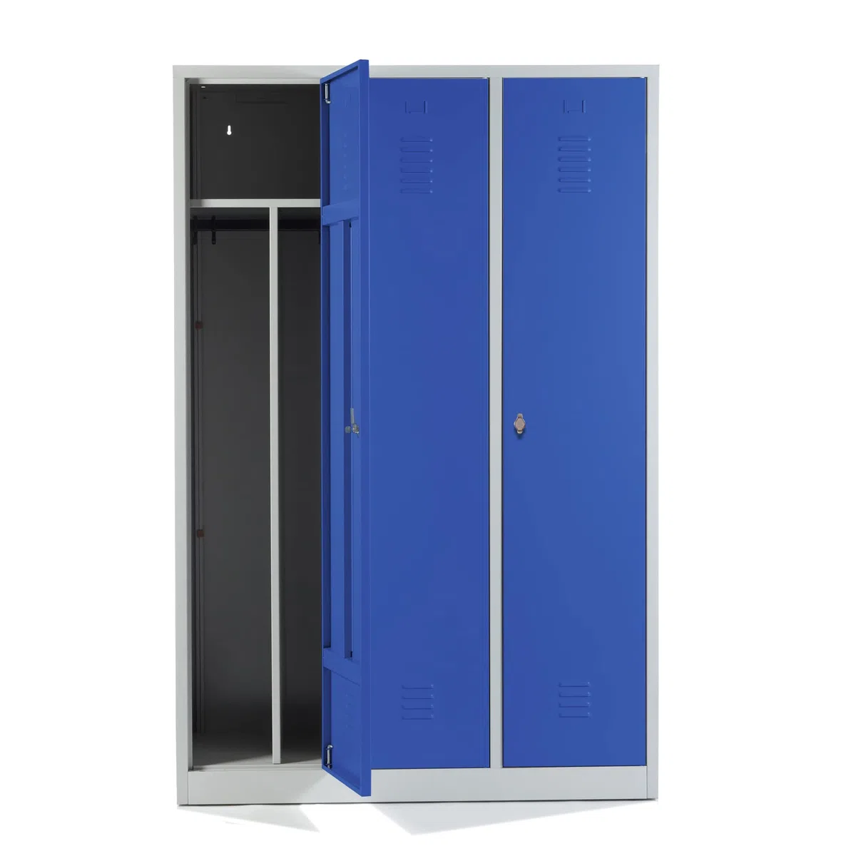 Schrank & Stuhl Spind – Metallspind mit 3 Abteilen in 180 x 120 x 50 cm, inkl. Hutboden, Trennwand und Drehriegelverschlüssen, Lieferung komplett montiert, Grau/Blau