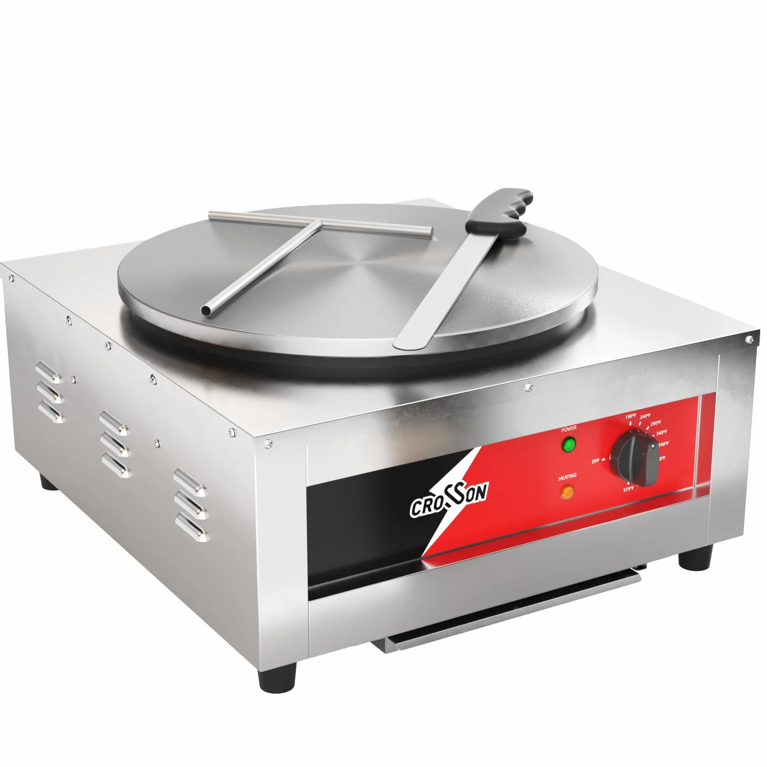 CROSSON Commercial Electric Crepe Maker, 16-Inch Large Cooking Plate 1800W ETL Certified, Stainless Steel Pancake Griddle with Accessories Storage & Metal Spatula/Spreader