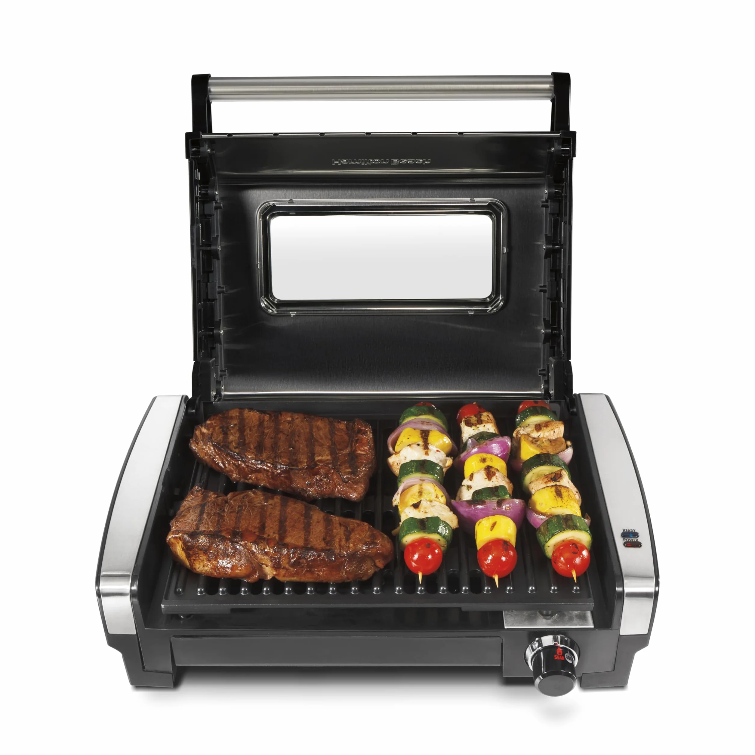 Hamilton Beach Electric Indoor Searing Grill With Lid & Viewing Window | Adjustable Temperature Control To 450°F | 118 sq. in. PFAS-Free Removable Non-Stick Cooking Surface | Stainless Steel