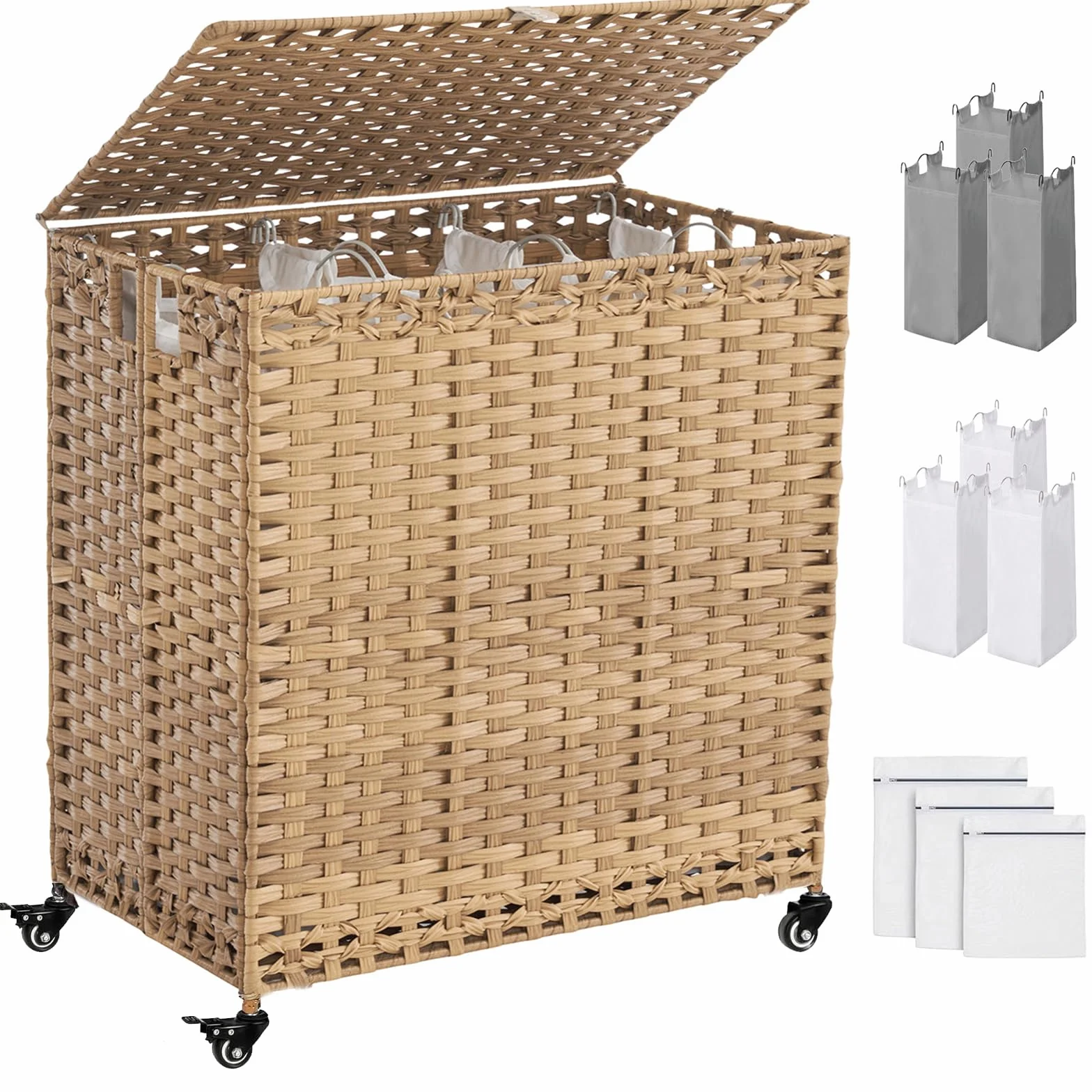 Laundry Hamper with Wheels&Lid, 50.2 Gallons(190L) Rolling Laundry Basket with Wheels, 3-Section Laundry Hamper, Handwoven Rattan Clothes Hamper with 6 Removable Liner& 3 Mesh Laundry Bags, Natural