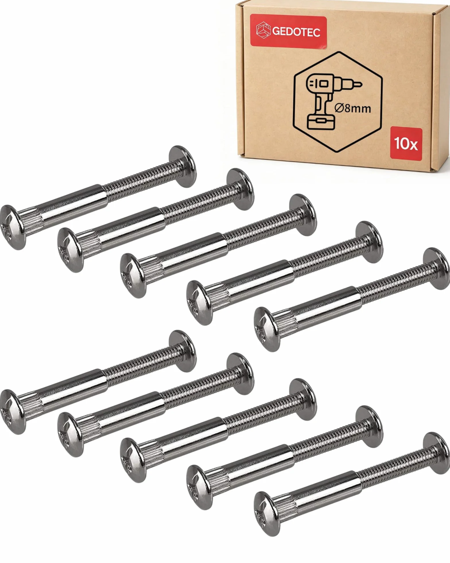 Gedotec Möbelschrauben M6 | 10 Stück - Hülsenschrauben | Verbinder Stahl vernickelt | Holzdicke 32-42 mm | Möbelverbinder Schrankverbinder Kreuzschlitz PZ2 und Flachklinge | Schrauben + Hülsenmutter