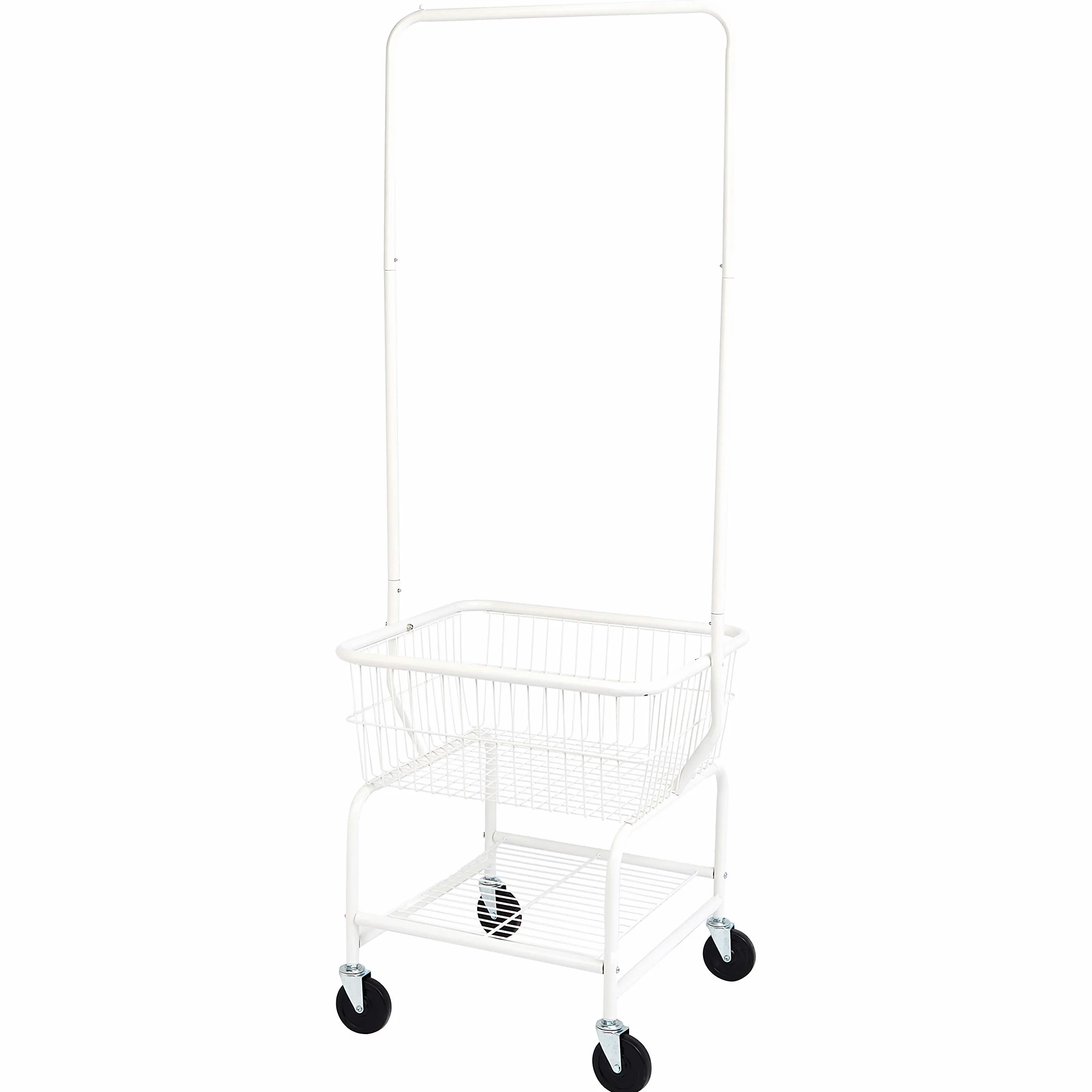 Amazon Basics Rectangular Laundry Hamper Basket Butler Cart with Wheels and Hanging Rack, Sturdy Metal, 71.1 inches Height, White