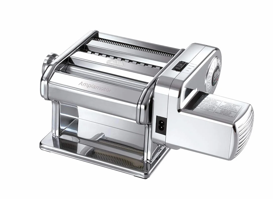 MARCATO Made in Italy Ampiamotor 110V Pasta Machine, Chrome Steel. Set includes Ampia 150, handcrank, clamp, Pastadrive motor, and instruction manual.