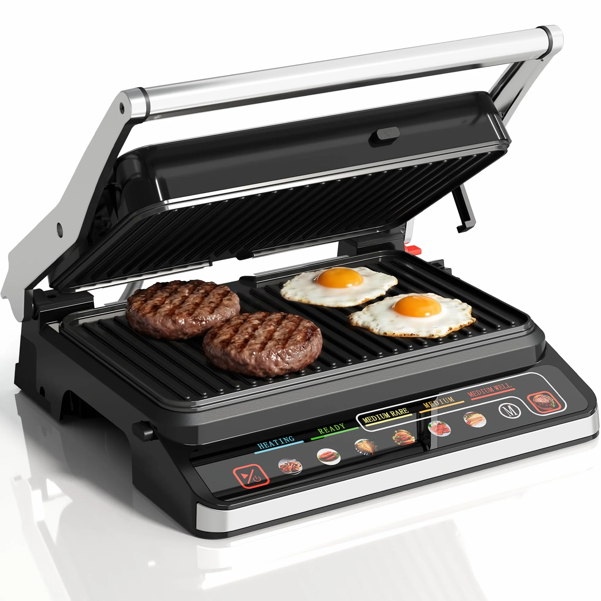 SUNVIVI 3-in-1 Electric Grill Indoor, Panini Press & Sandwich Maker with Removable Plates, 1600W, 8 Cooking Modes, 180° Flat Opening, Adjustable Temp, Ceramic Nonstick Dishwasher Safe, Stainless Steel