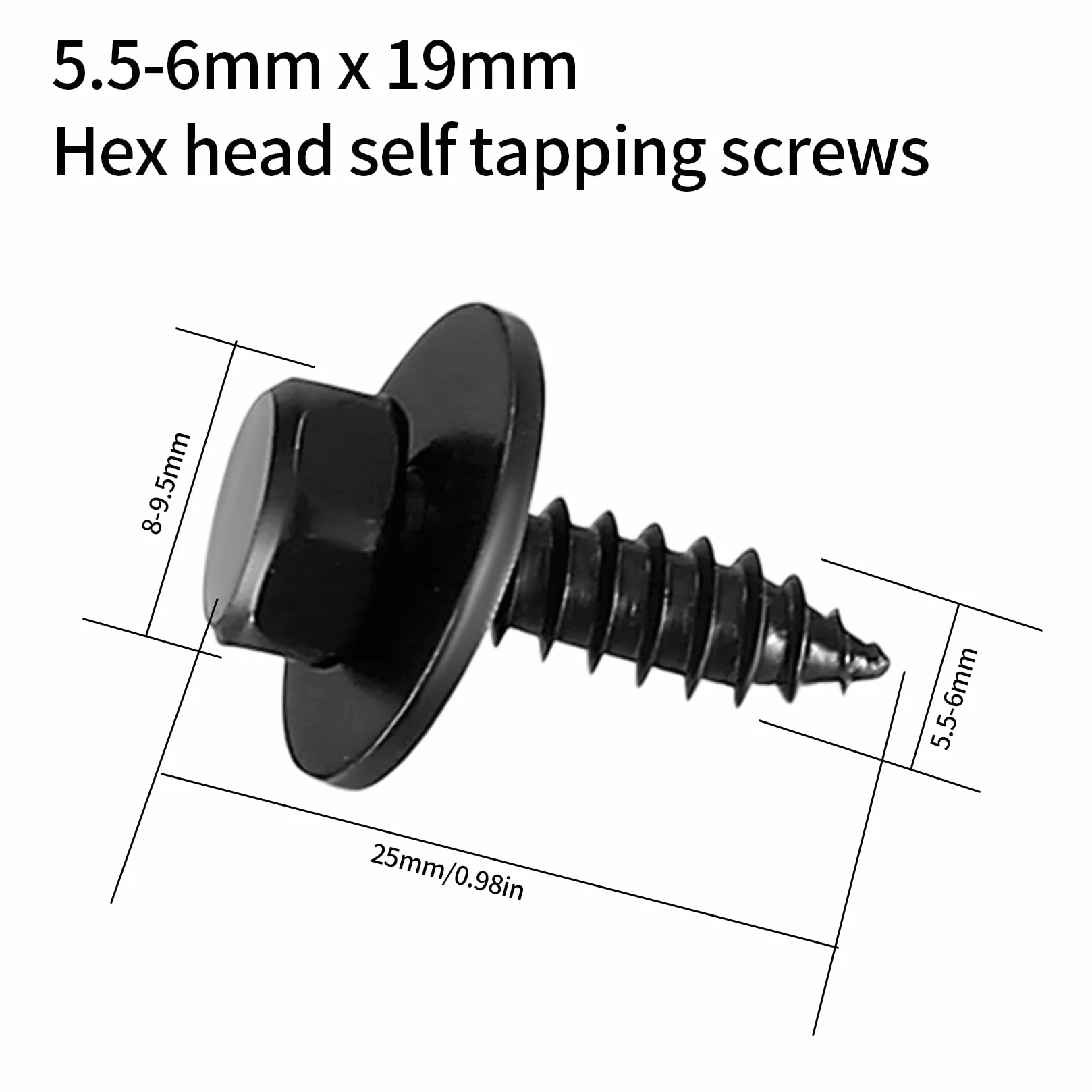 55 Stk Sechskantkopfschraube Blechschrauben mit Dichtung, 5,5-6 mm x 19 mm Selbstbohrende Sechskantschrauben, Selbstschraubende mit Scheiben Schwarz für Auto Karosserie Metall