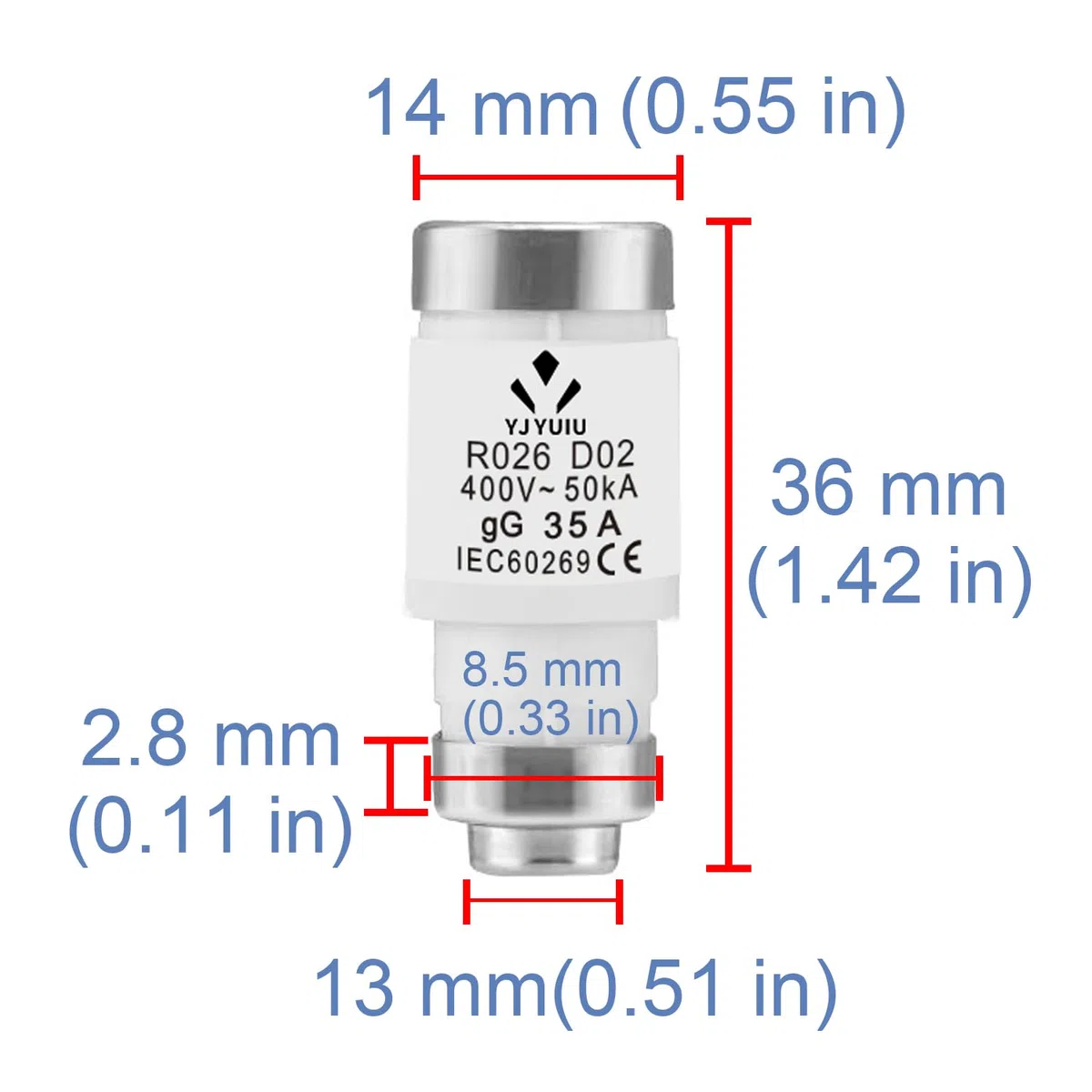 Neozed Sicherungen, R026 D02 35A gG 400VAC, D0-Typ Sicherungseinsatz, 10 Stück, IEC60269 Zertifiziert, 50kA Abschaltleistung
